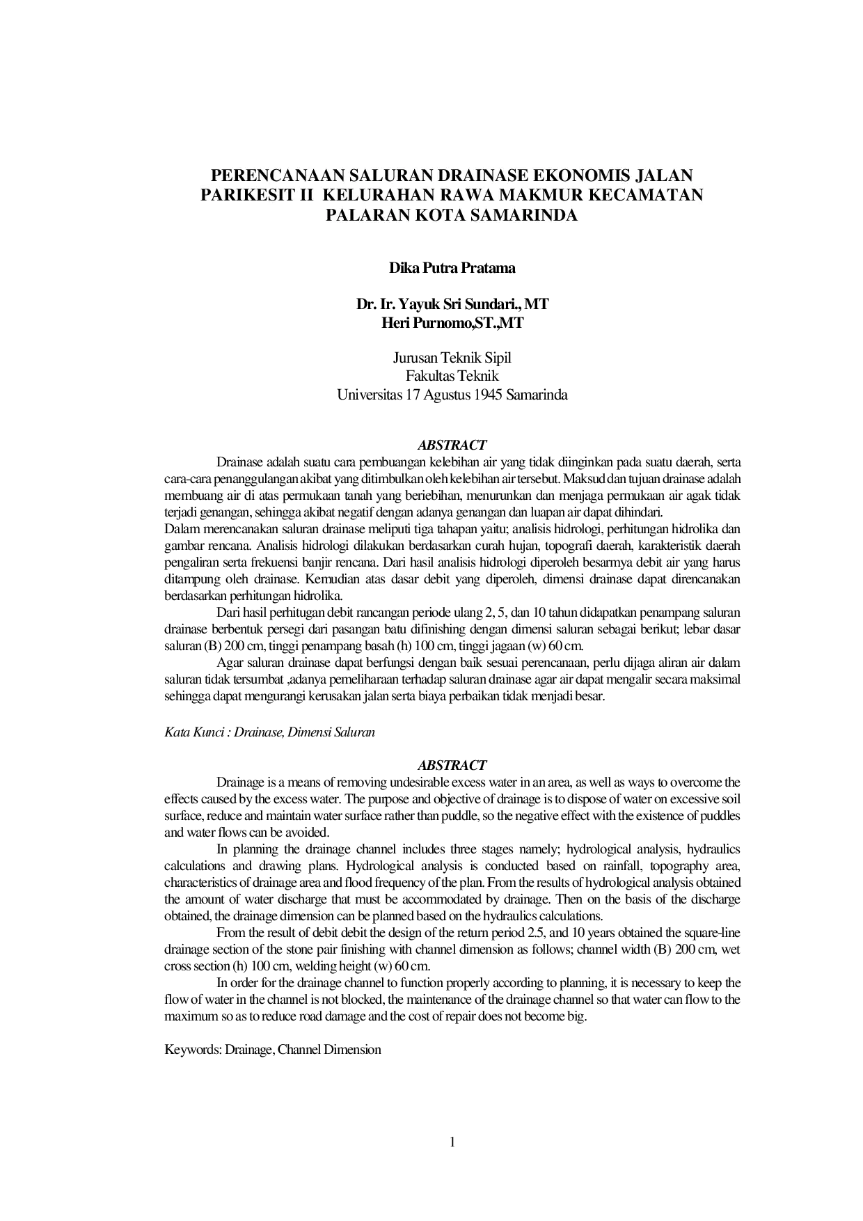JURIS Perencanaan Saluran Drainase Ekonomis Jalan Parikesit II Kelurahan Rawa Makmur Kecamatan Palaran Kota Samarinda