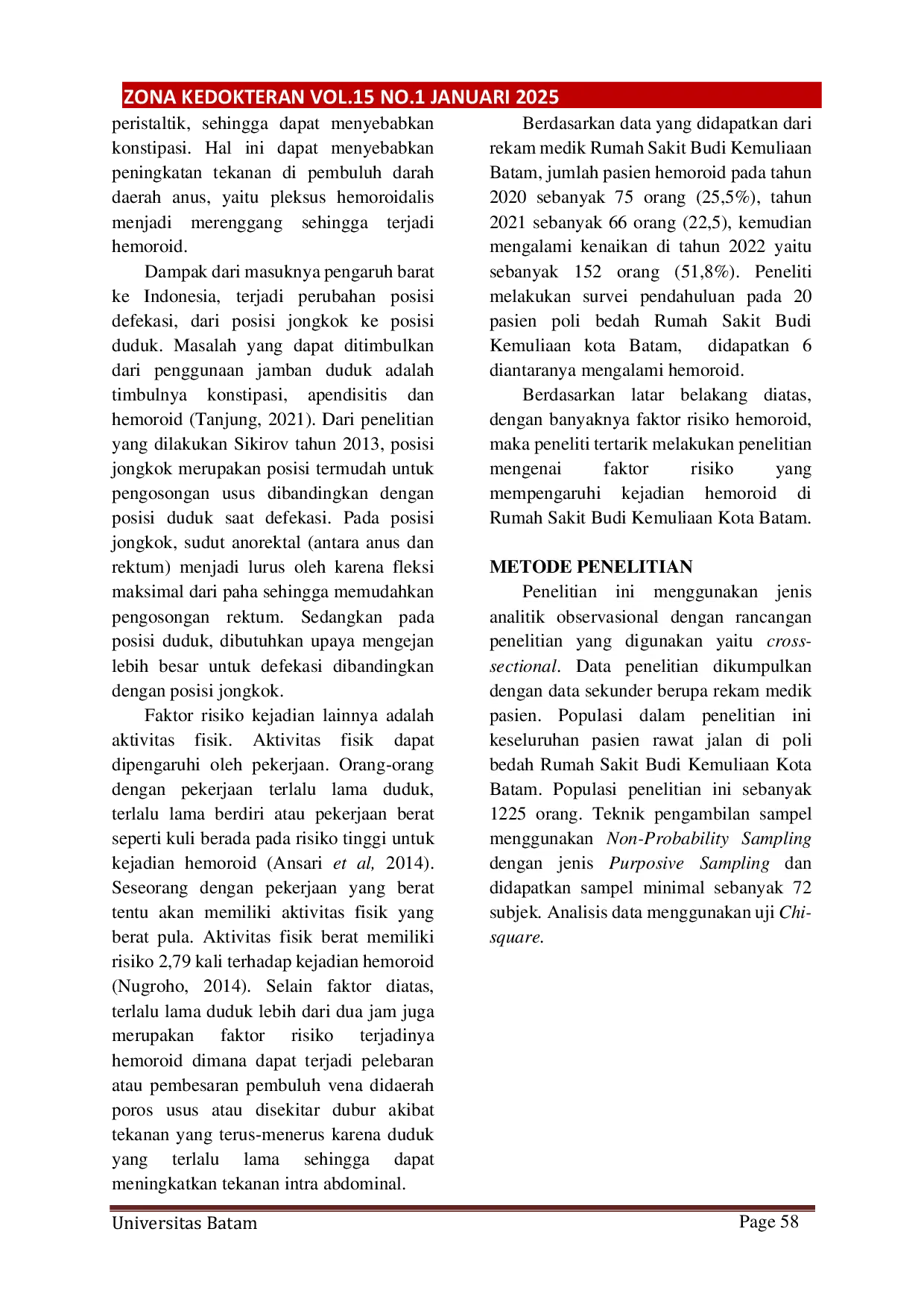 JURIS Analisis Faktor Faktor Yang Mempengaruhi Terjadinya Hemoroid Di Rumah Sakit Budi Kemuliaan Kota Batam Tahun 2023