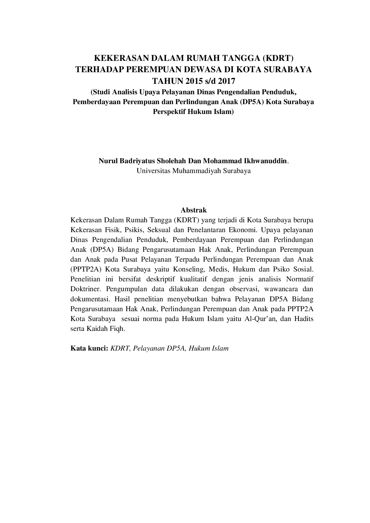 JURIS Kekerasan Dalam Rumah Tangga KDRT Terhadap Perempuan Dewasa Di Kota Surabaya Tahun 2015 s d 2017