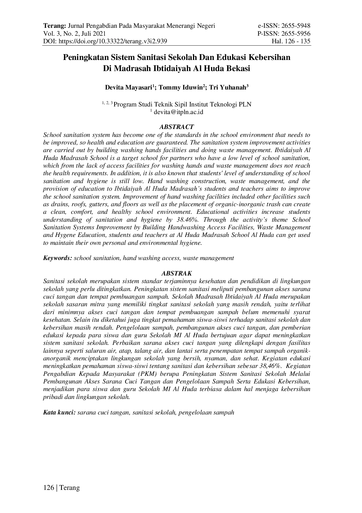 JURIS Peningkatan Sistem Sanitasi Sekolah Dan Edukasi Kebersihan Di Madrasah Ibtidaiyah Al Huda Bekasi