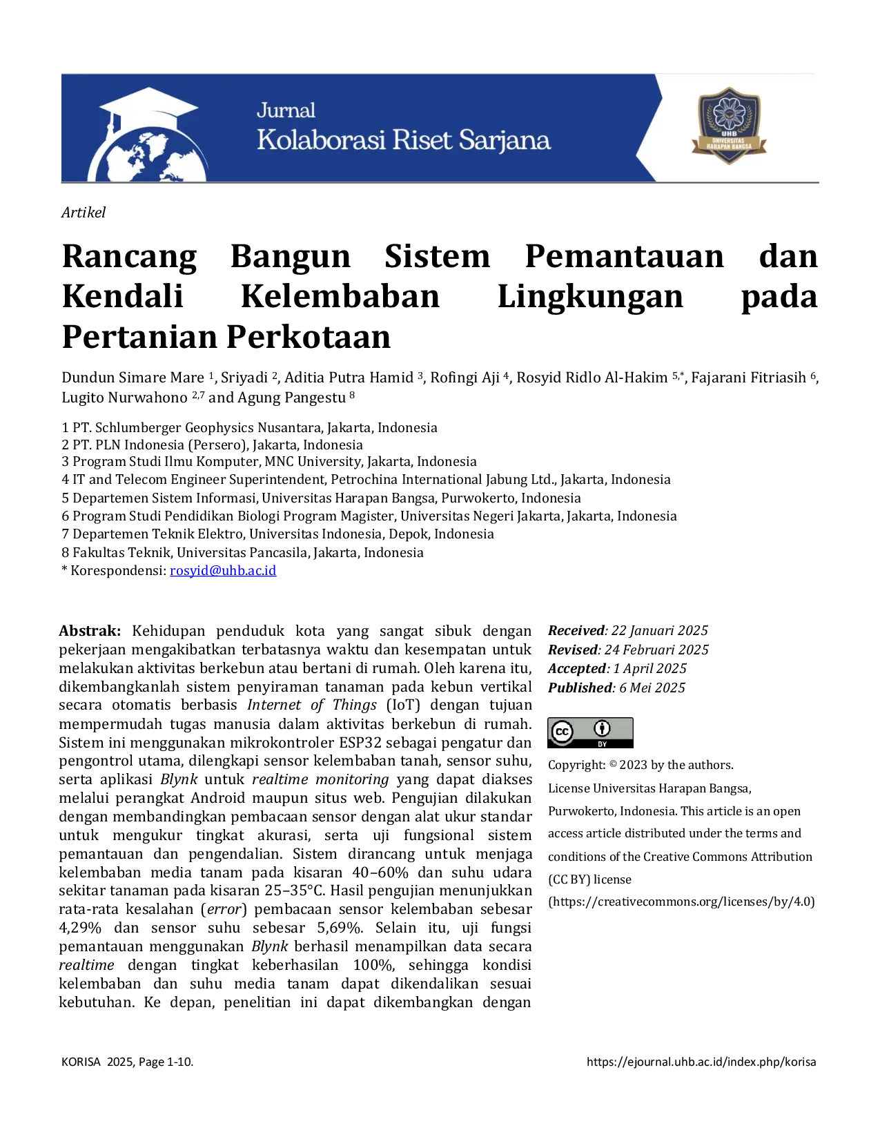 JURIS Rancang Bangun Sistem Pemantauan dan Kendali Kelembaban Lingkungan pada Pertanian Perkotaan