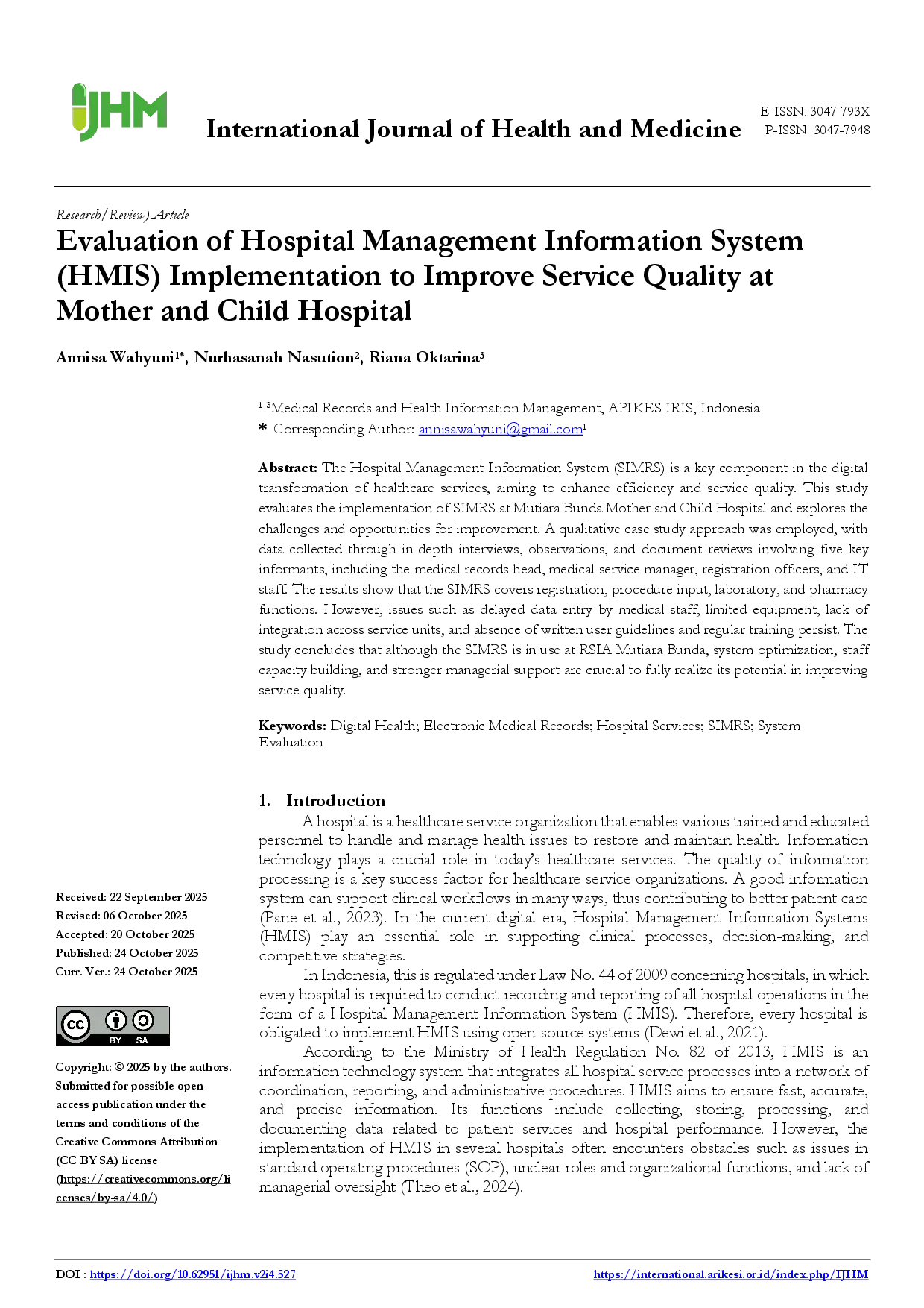 juris Evaluation of Hospital Management Information Sistem HMIS Implementation to Improve Service Quality at Mother and Child Hospital