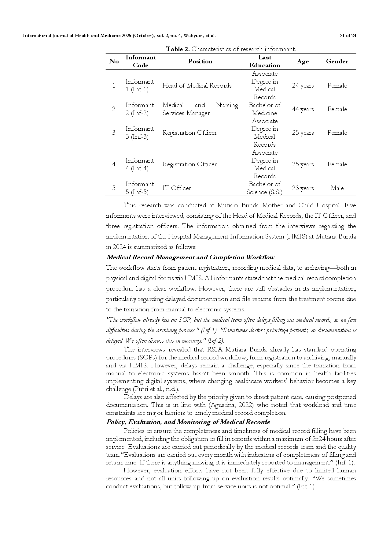 juris Evaluation of Hospital Management Information Sistem HMIS Implementation to Improve Service Quality at Mother and Child Hospital