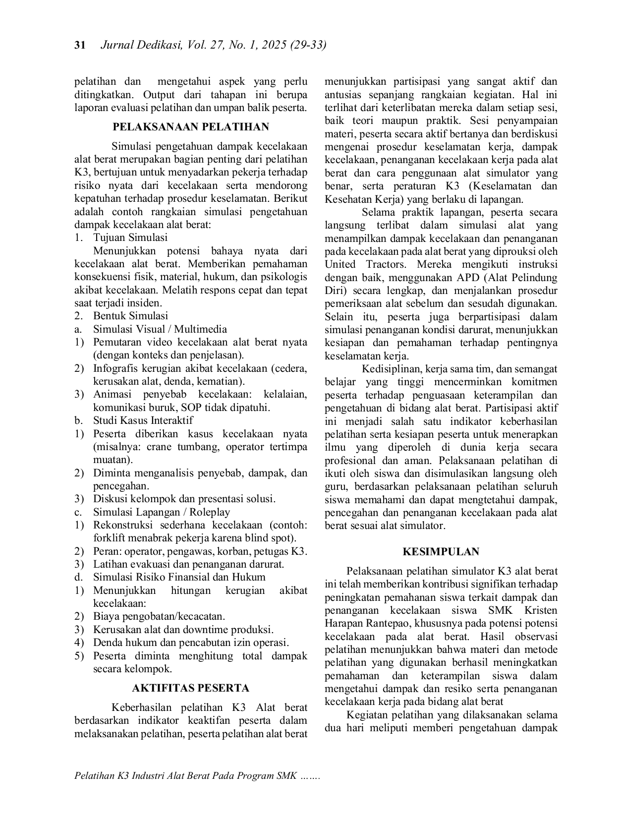 JURIS Pelatihan K3 Industri Alat Berat Pada Program SMK Pusat Keunggulan di SMK Kristen Harapan Rantepao