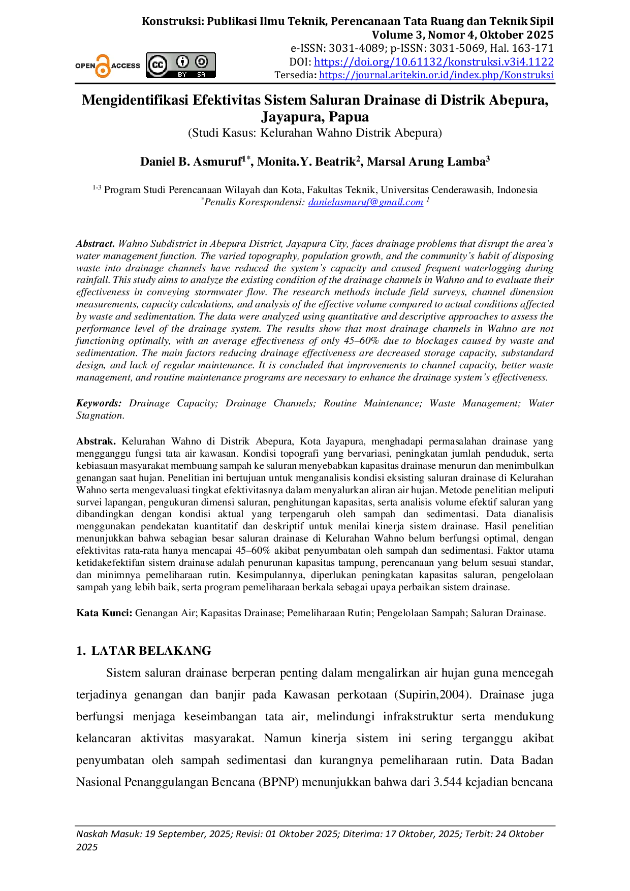 JURIS Mengidentifikasi Efektivitas Sistem Saluran Drainase di Distrik Abepura Jayapura Papua Studi Kasus Kelurahan Wahno Distrik Abepura