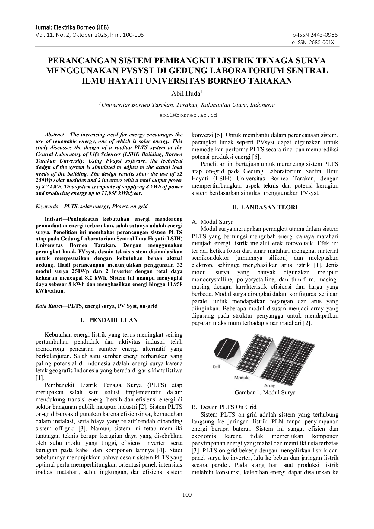 JURIS Design Of A Solar Power Plant System Using Pvsyst In The Central Laboratory Of Life Sciences Building At Borneo Tarakan University