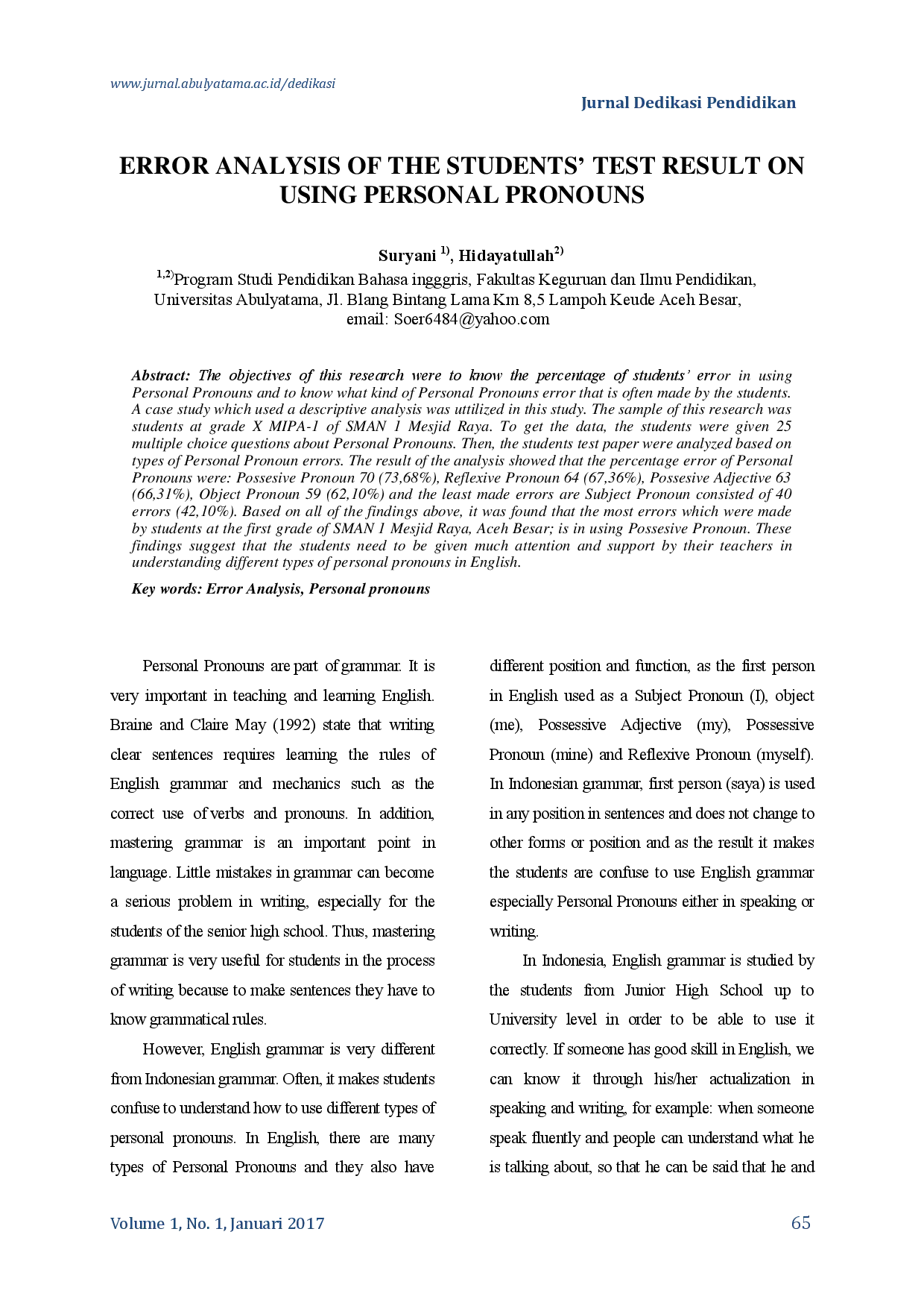juris Error Analysis Of The Students Test Result On Using Personal Pronouns