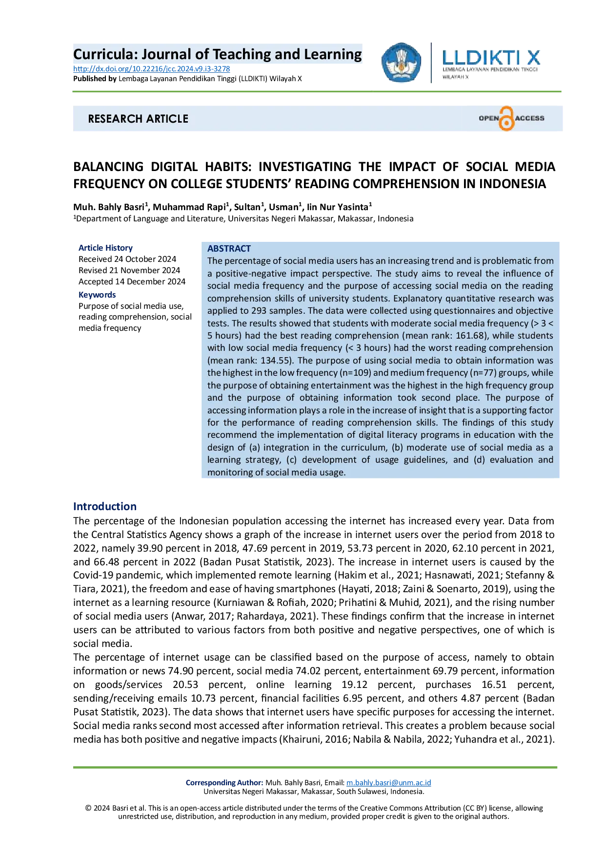 JURIS Balancing Digital Habits Investigating the Impact of Social Media Frequency on College Students Reading Comprehension in Indonesia