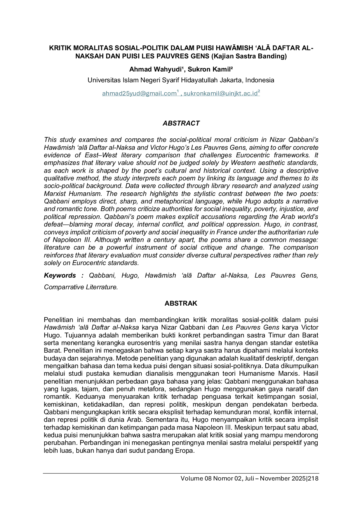 JURIS KRITIK MORALITAS SOSIAL POLITIK DALAM PUISI HAWAMISH ALA DAFTAR AL NAKSAH DAN PUISI LES PAUVRES GENS Kajian Sastra Banding