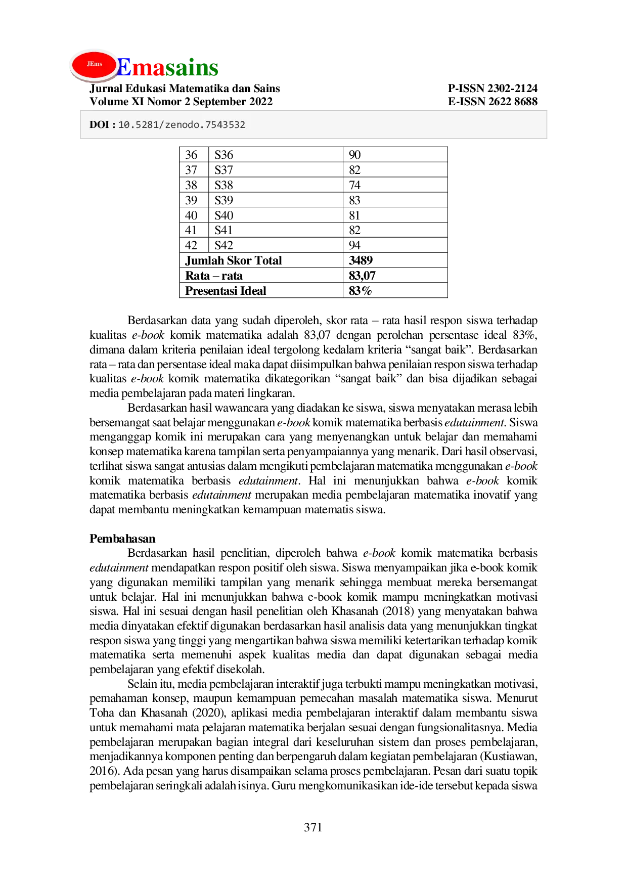 JURIS Respon Siswa Terhadap Pembelajaran Menggunakan E Book Komik Matematika Berbasis Edutainment