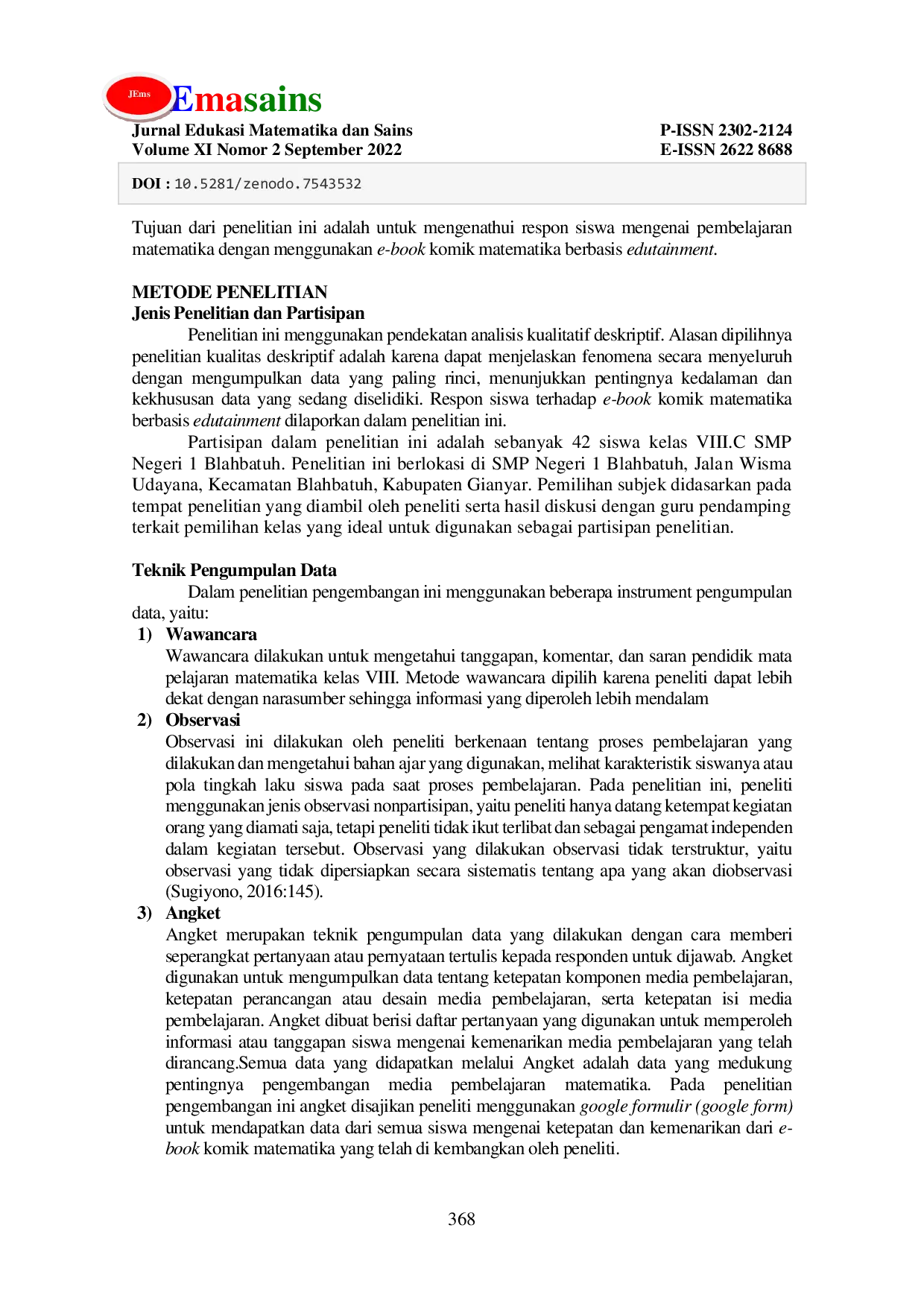 JURIS Respon Siswa Terhadap Pembelajaran Menggunakan E Book Komik Matematika Berbasis Edutainment