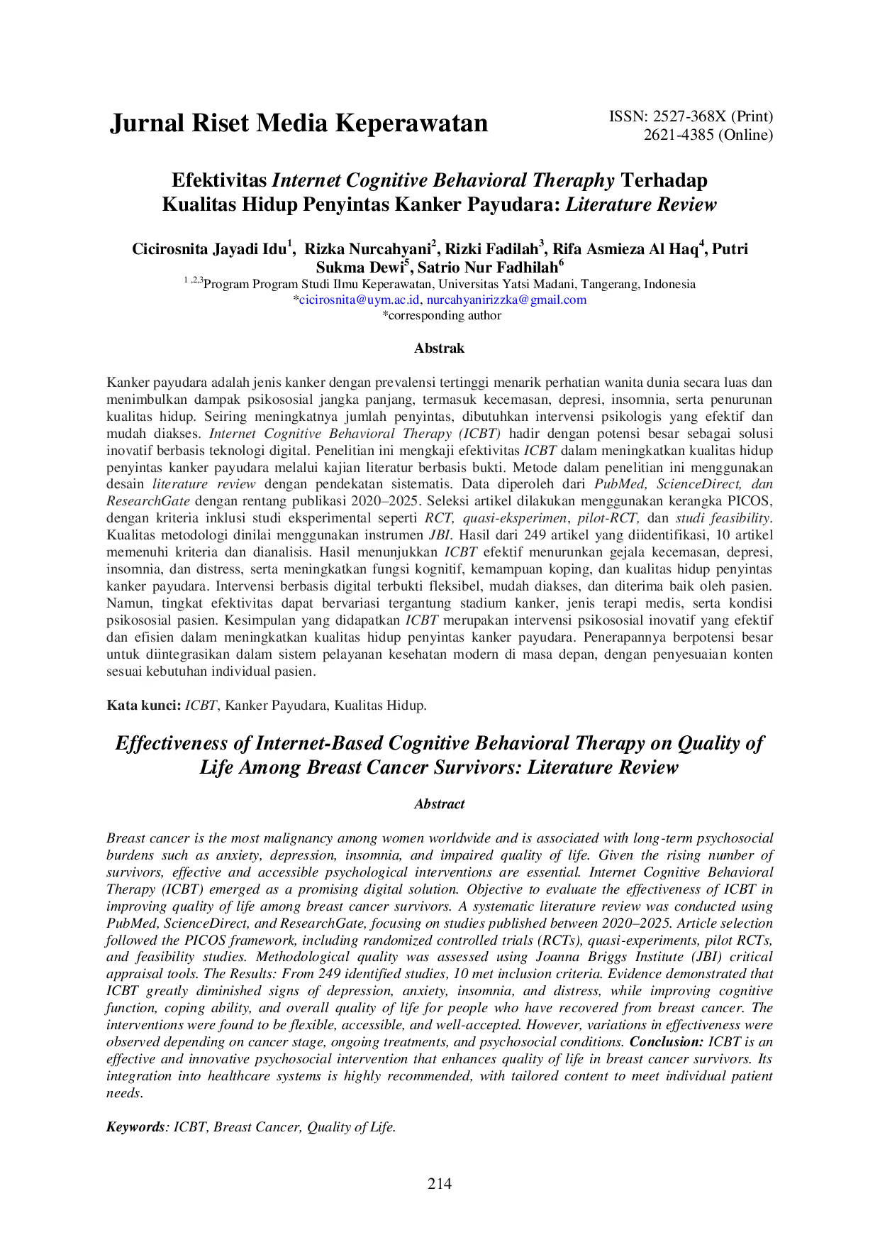 JURIS Effectiveness of Internet Based Cognitive Behavioral Therapy on Quality of Life Among Breast Cancer Survivors Literature Review