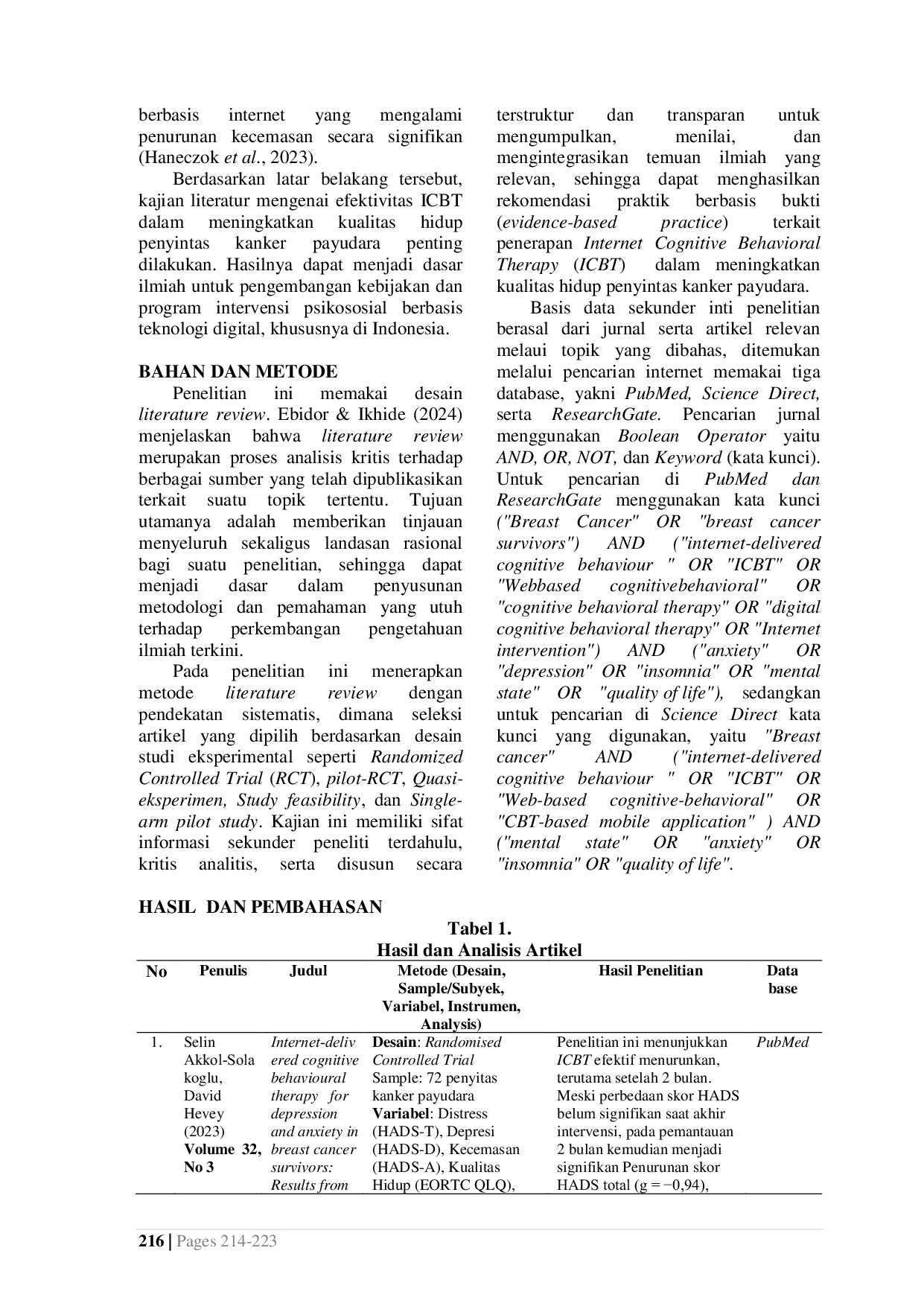 JURIS Effectiveness of Internet Based Cognitive Behavioral Therapy on Quality of Life Among Breast Cancer Survivors Literature Review