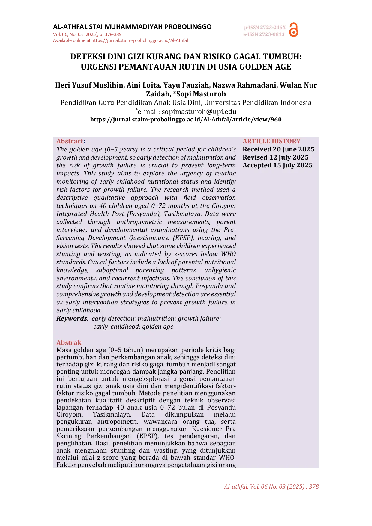 JURIS Deteksi Dini Gizi Kurang Dan Risiko Gagal Tumbuh Urgensi Pemantauan Rutin Di Usia Golden Age