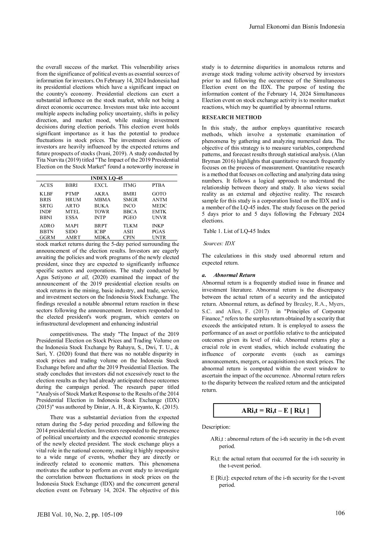 JURIS Event Study Respond of Return Stock on Indonesian Presidential Election in 2024 Study Case in LQ 45 Index