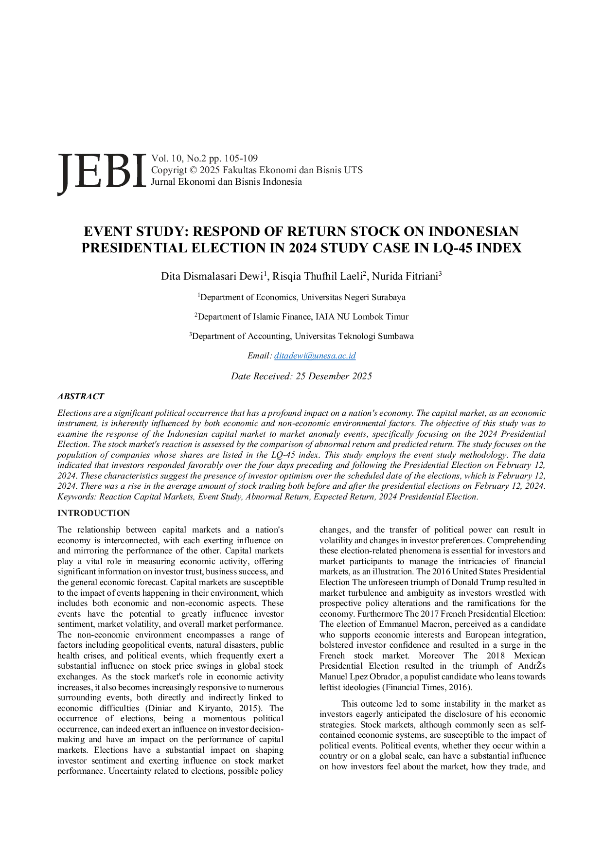 JURIS Event Study Respond of Return Stock on Indonesian Presidential Election in 2024 Study Case in LQ 45 Index