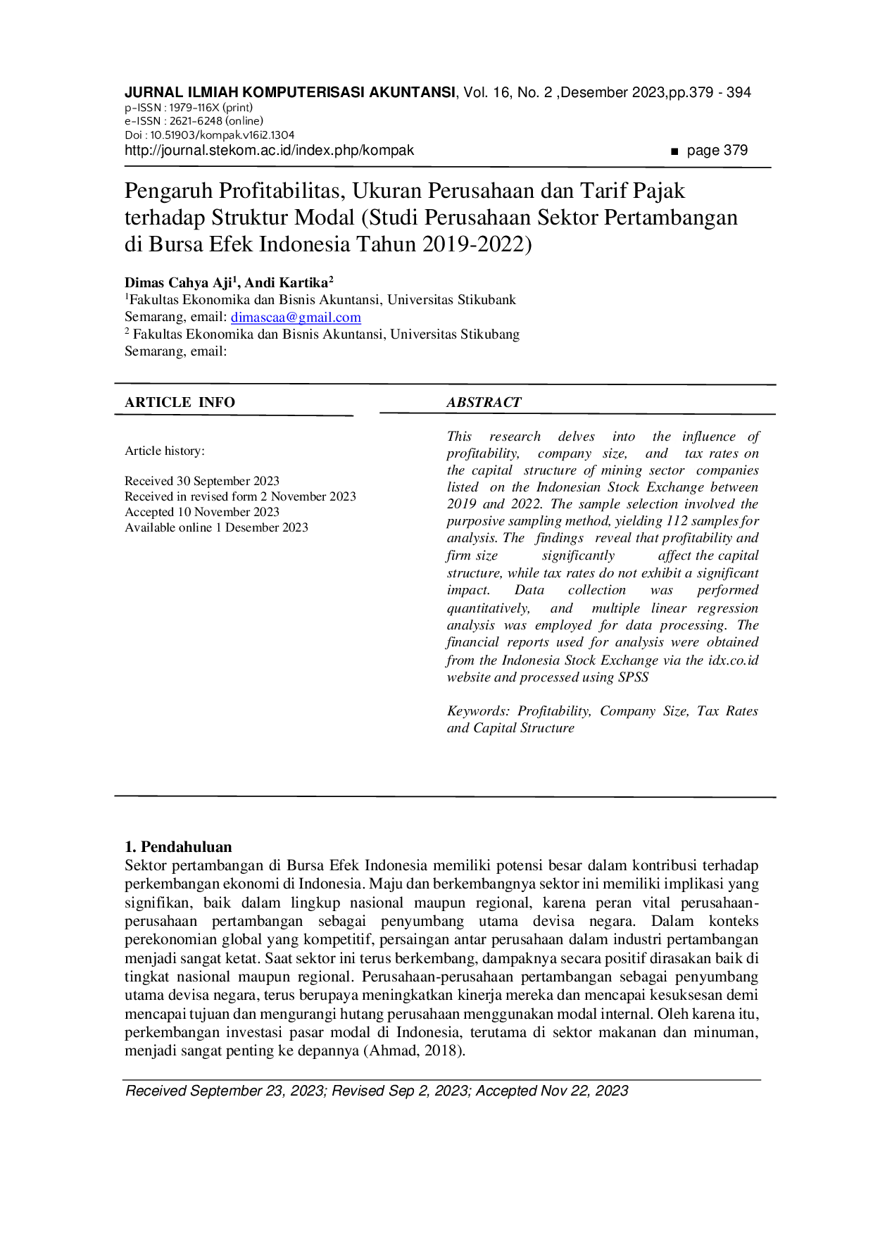 JURIS Pengaruh Profitabilitas Ukuran Perusahaan dan Tarif Pajak terhadap Struktur Modal Studi Perusahaan Sektor Pertambangan di Bursa Efek Indonesia Tahun 2019 2022