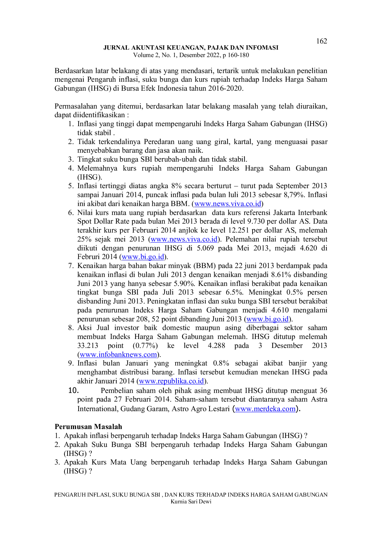 JURIS Pengaruh Inflasi Suku Bunga SBI dan Kurs Terhadap Indeks Harga Saham Gabungan