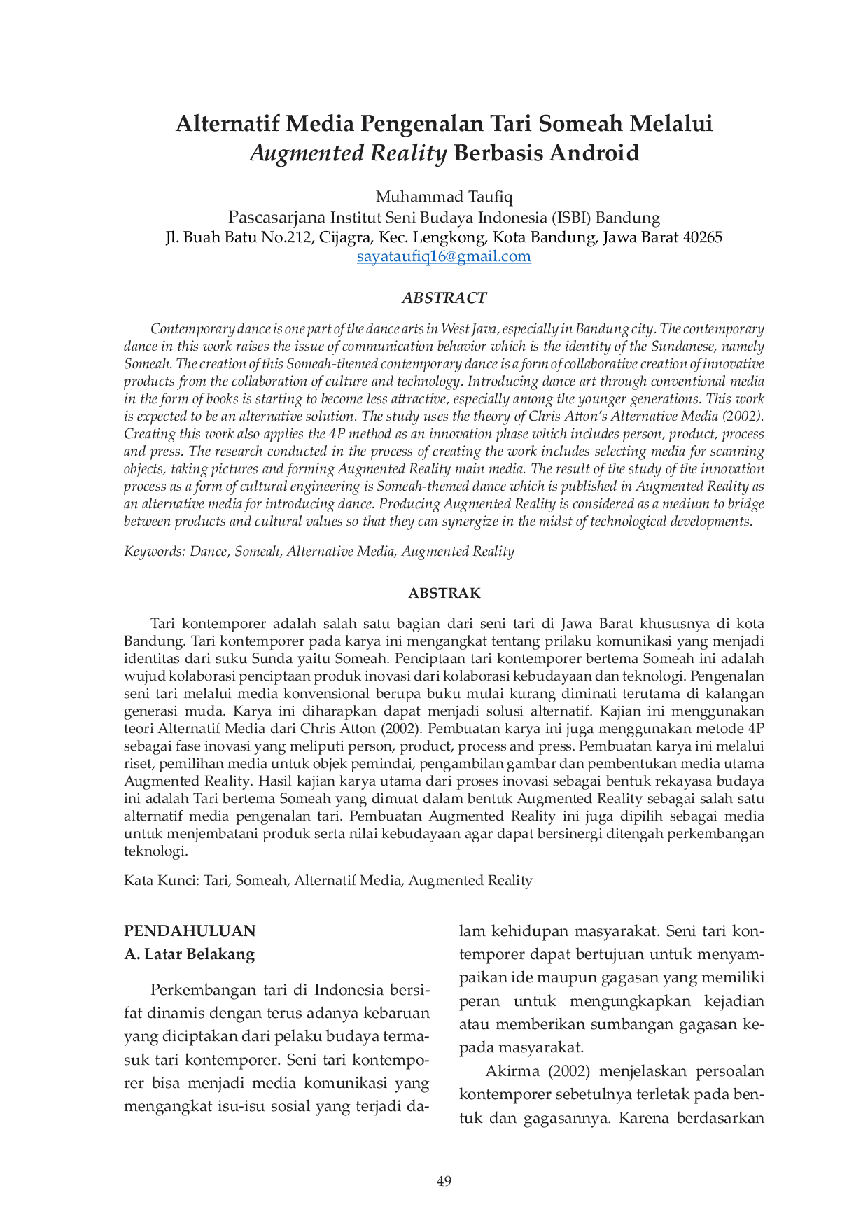 JURIS Alternatif Media Pengenalan Tari Someah Melalui Augmented Reality Berbasis Android