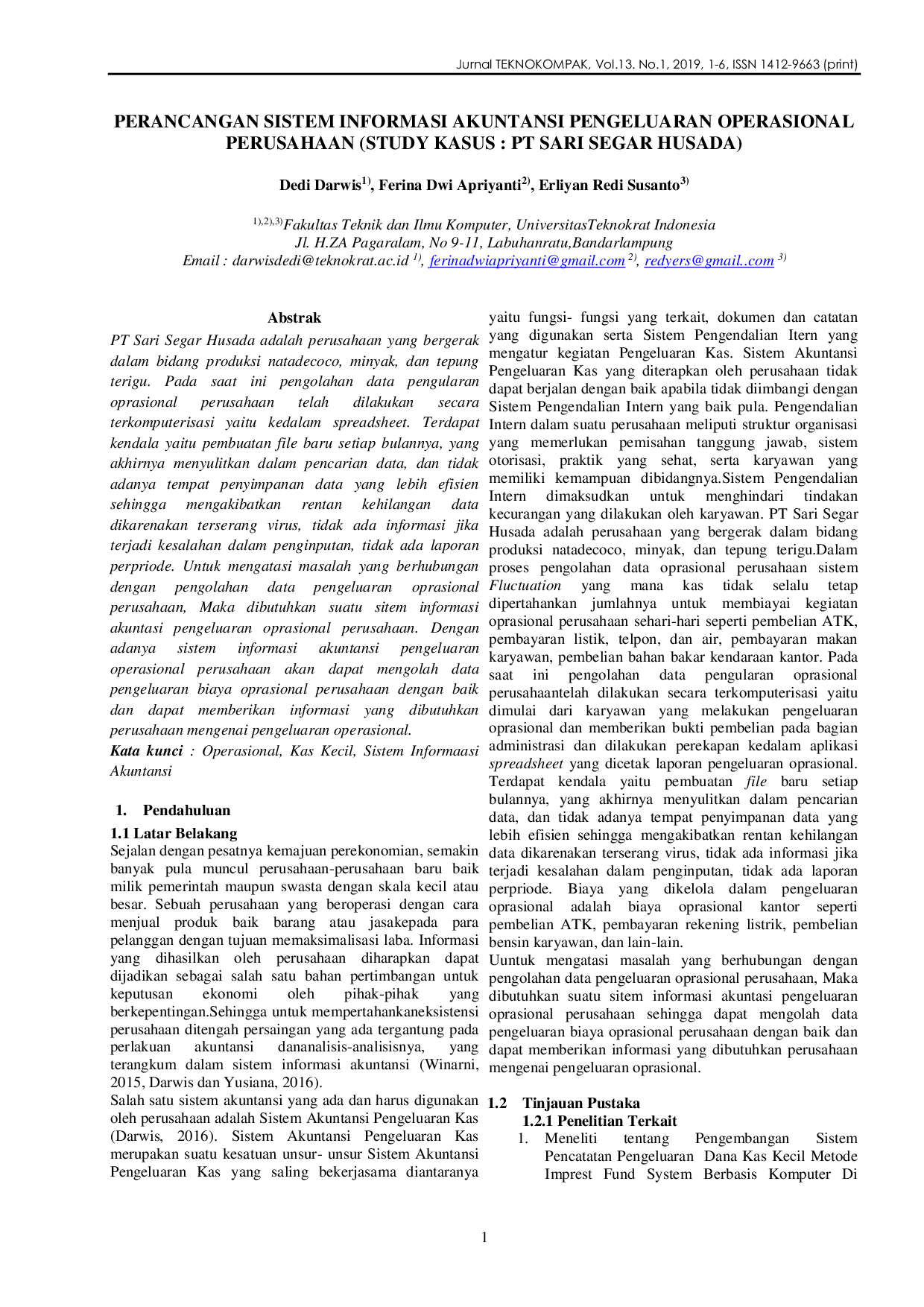 JURIS Perancangan Sistem Informasi Akuntansi Pengeluaran Operasional Perusahaan Study Kasus Pt Sari Segar Husada