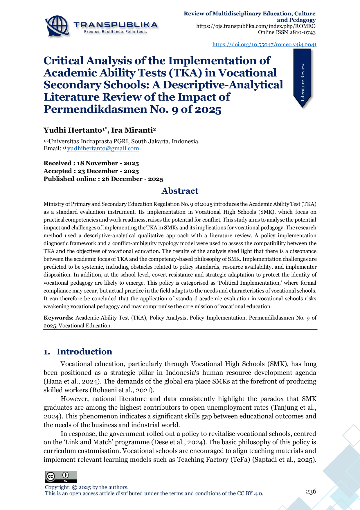 JURIS Critical Analysis of the Implementation of Academic Ability Tests TKA in Vocational Secondary Schools A Descriptive Analytical Literature Review of the Impact of Permendikdasmen No 9 of 2025