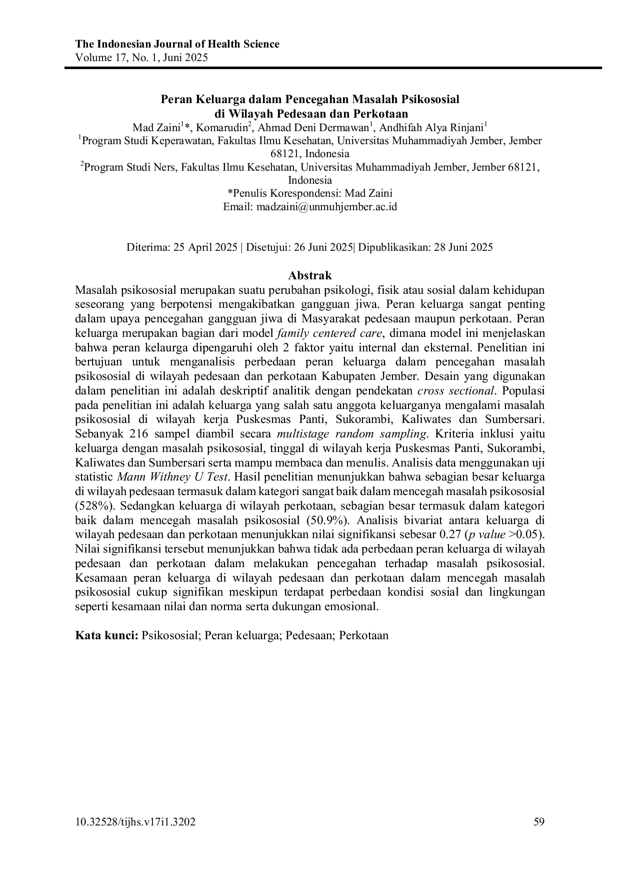 JURIS Peranan Keluarga yang Tinggal di Wilayah Pedesaan dan Perkotaan dalam Mencegah Masalah Psikososial