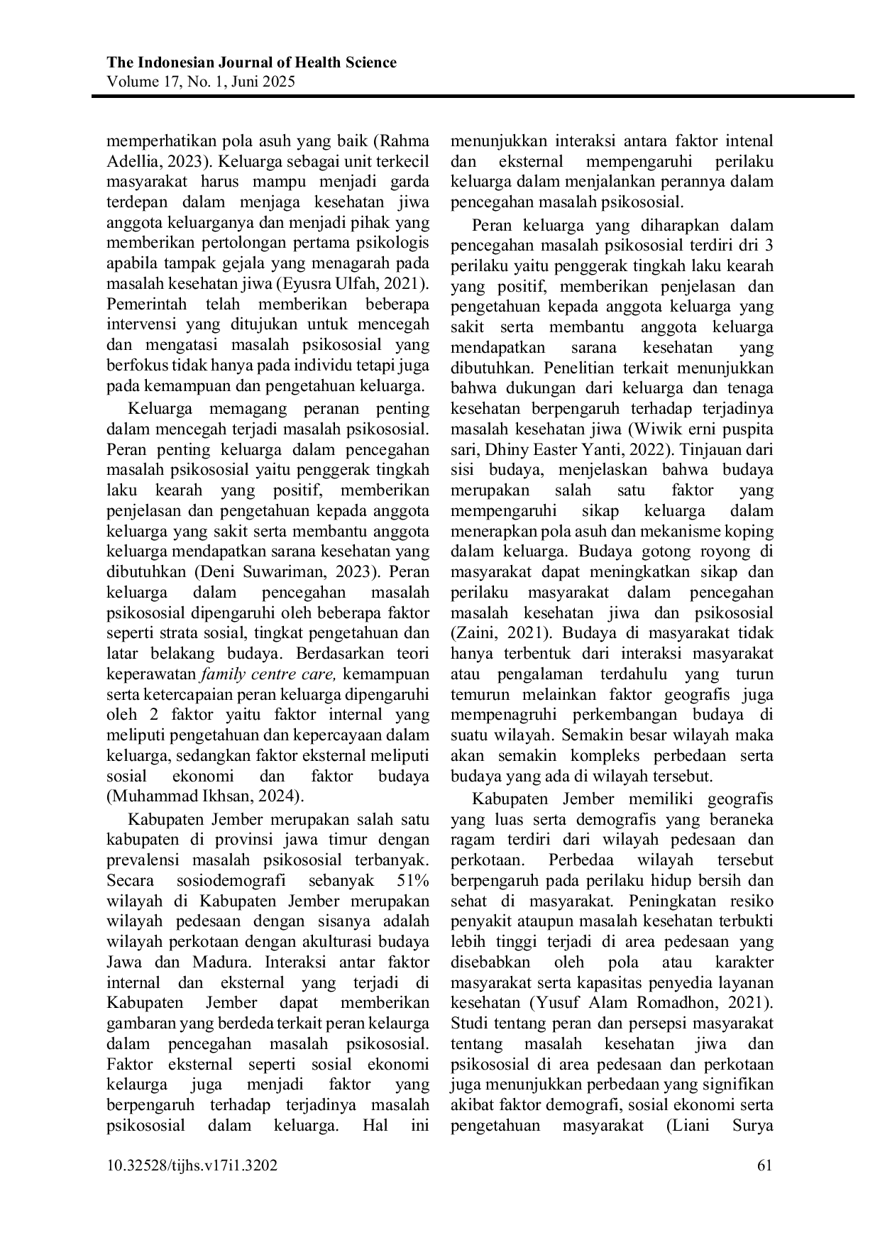 JURIS Peranan Keluarga yang Tinggal di Wilayah Pedesaan dan Perkotaan dalam Mencegah Masalah Psikososial