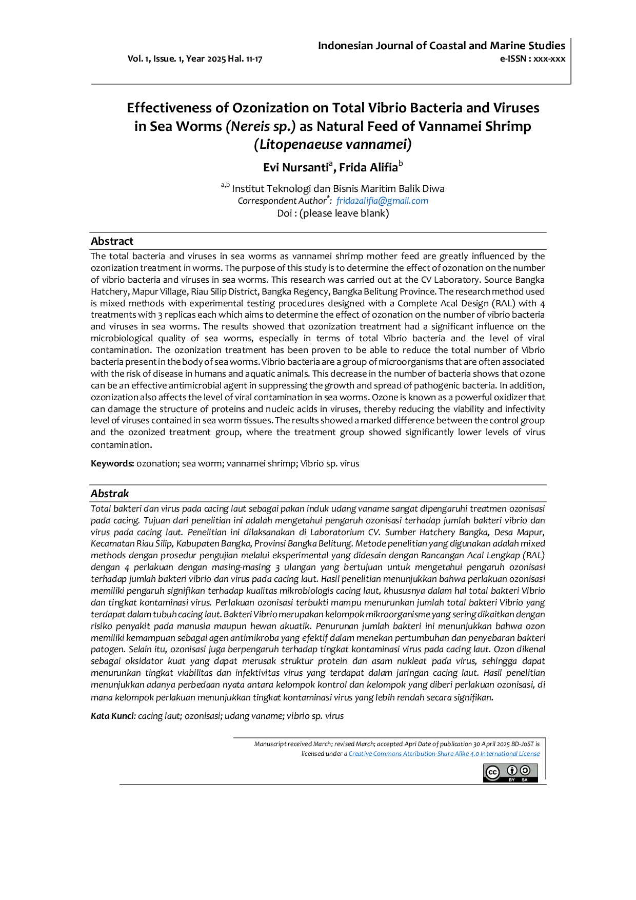JURIS Effectiveness of Ozonization on Total Vibrio Bacteria and Viruses in Sea Worms Nereis sp as Natural Feed of Vannamei Shrimp Litopenaeuse vannamei