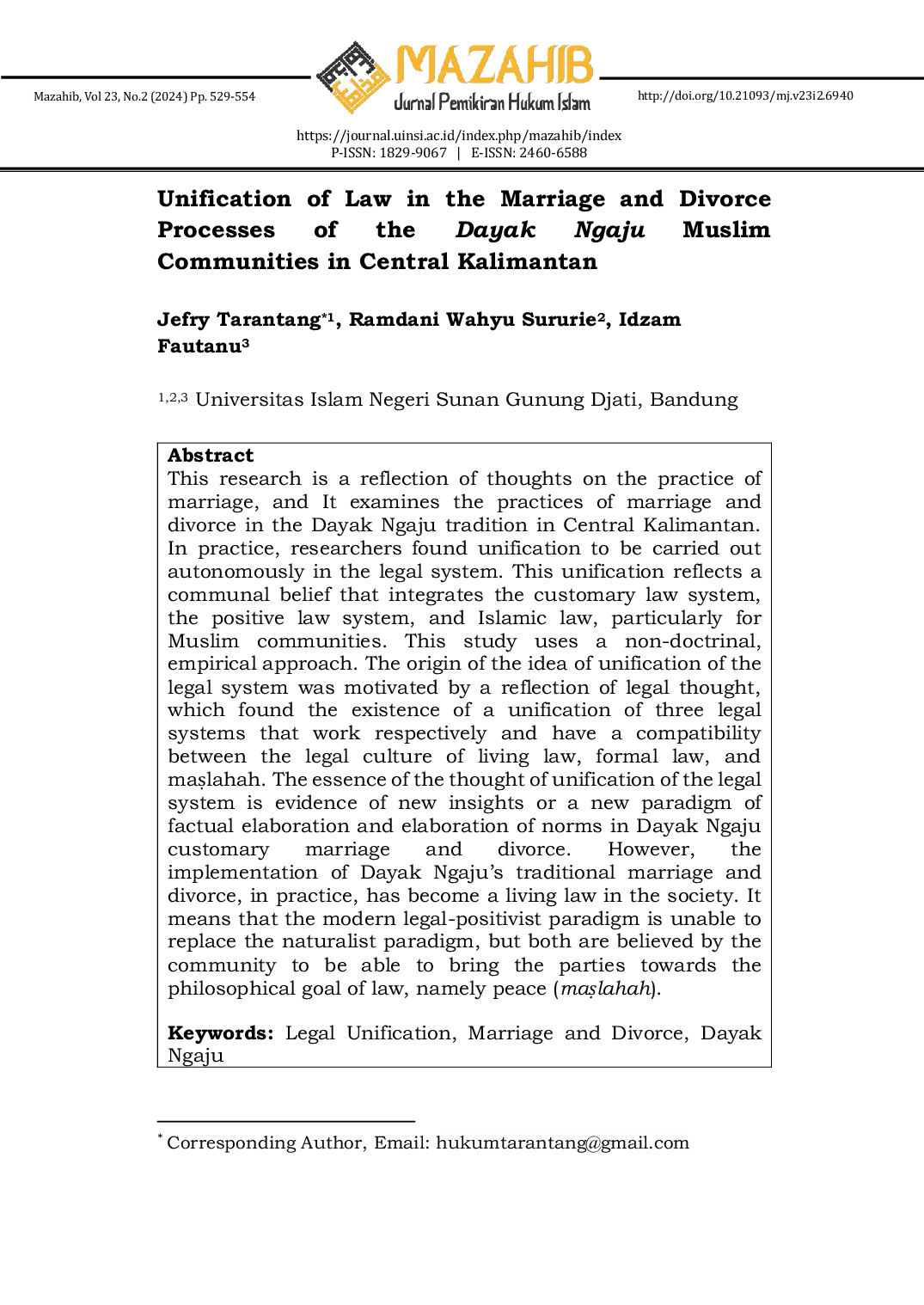 JURIS Unification of Law in the Marriage and Divorce Processes of the Dayak Ngaju Muslim Communities in Central Kalimantan
