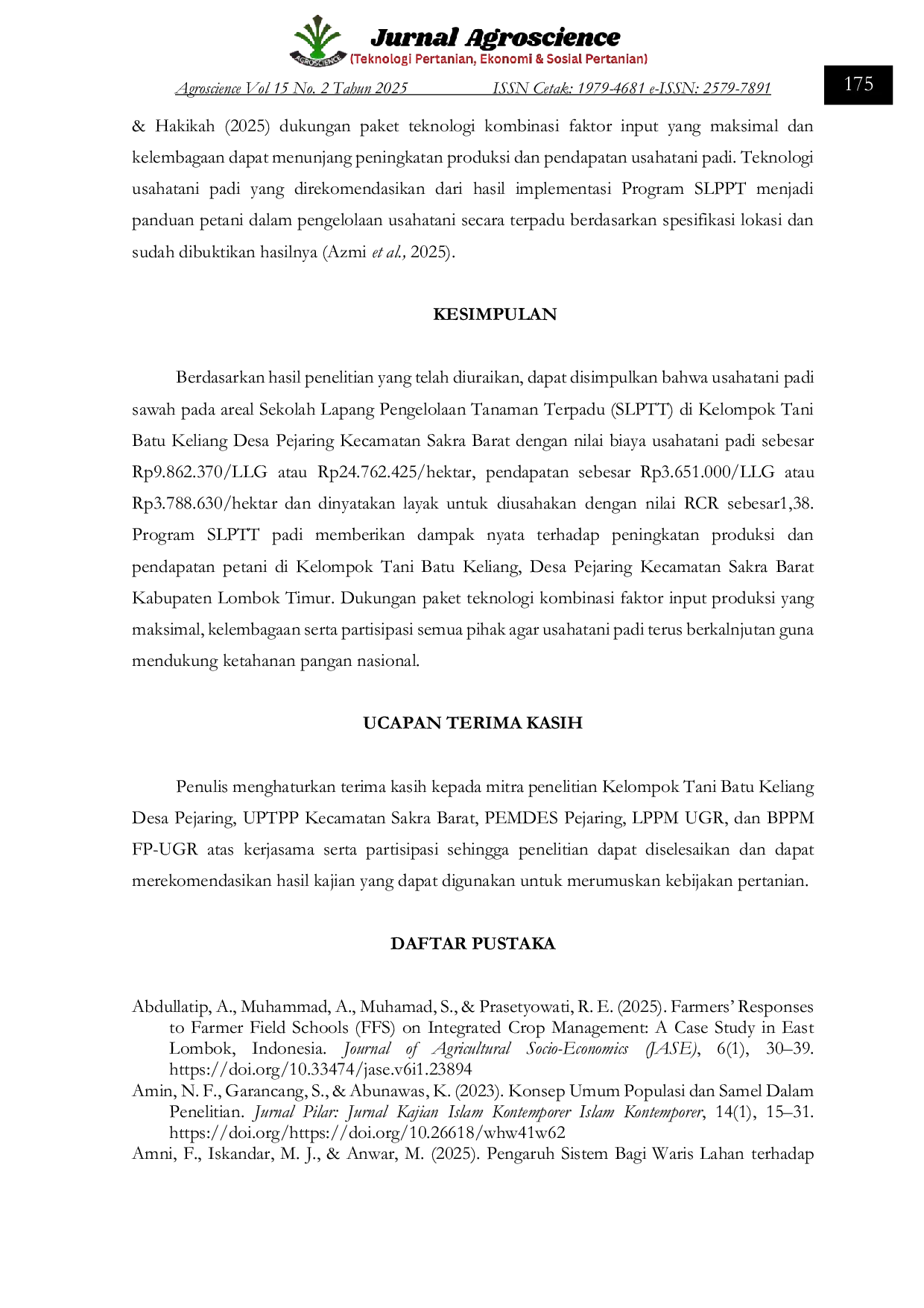 JURIS Kelayakan Usahatani Padi Pada Areal Sekolah Lapang Pengelolaan Tanaman Terpadu Di Kecamatan Sakra Barat