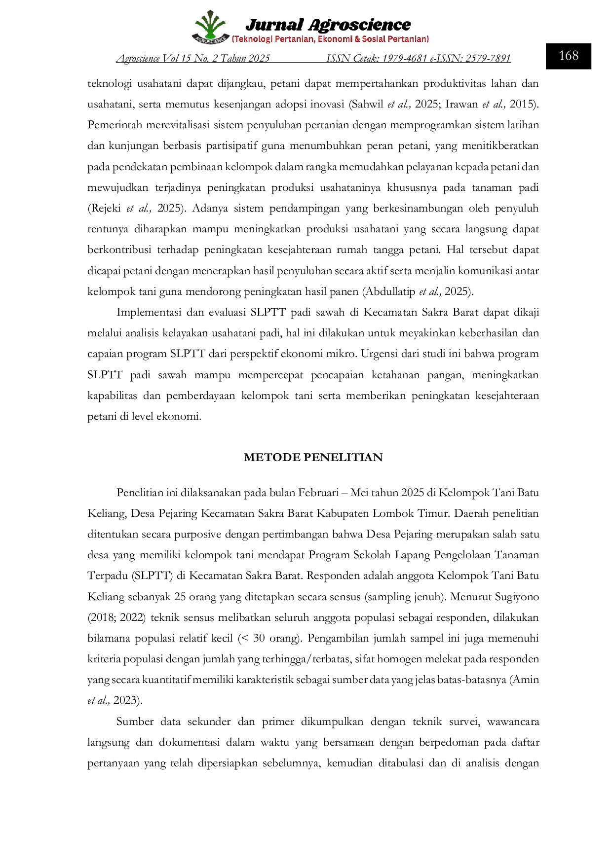 JURIS Kelayakan Usahatani Padi Pada Areal Sekolah Lapang Pengelolaan Tanaman Terpadu Di Kecamatan Sakra Barat