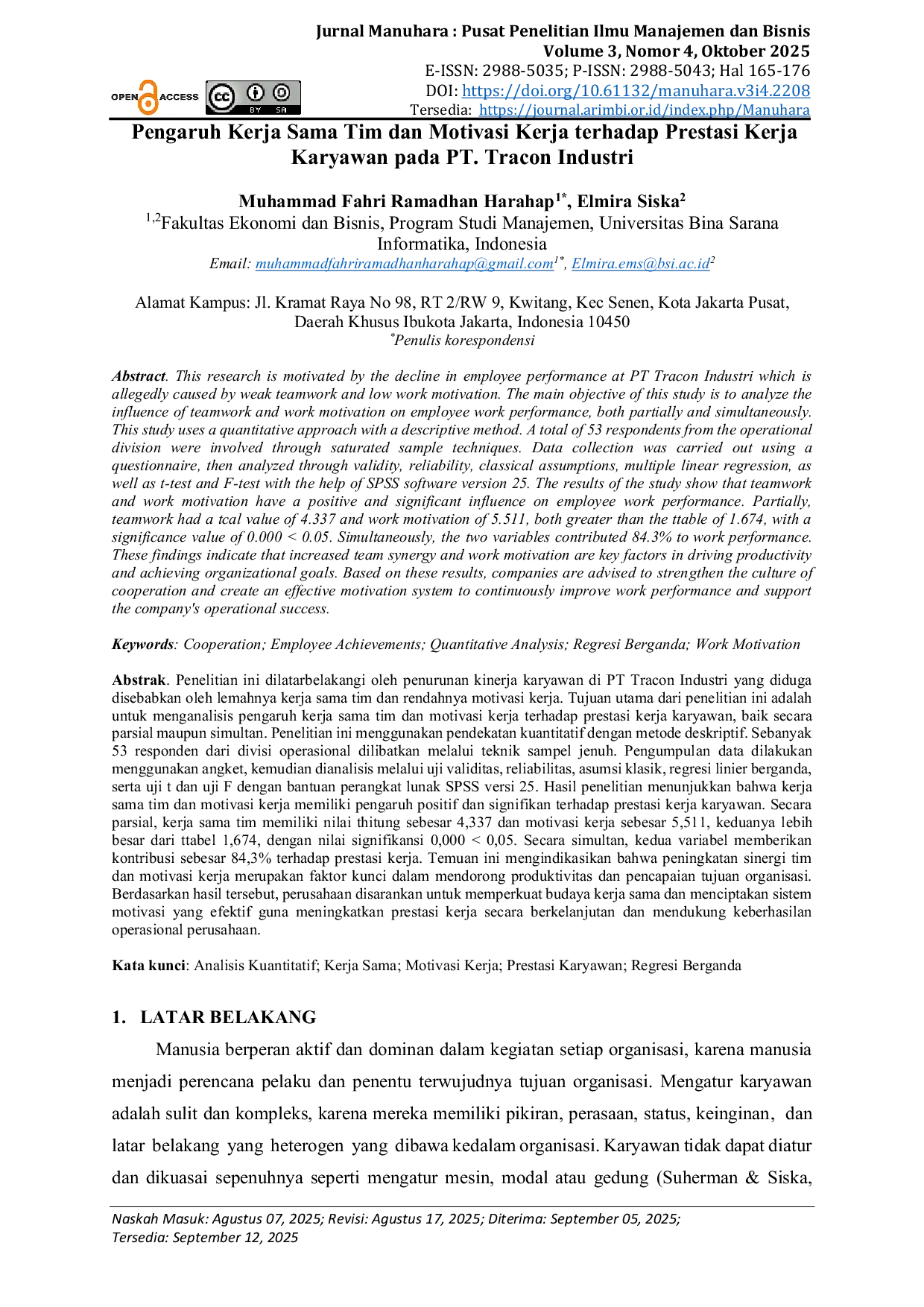 JURIS Pengaruh Kerja Sama Tim dan Motivasi Kerja terhadap Prestasi Kerja Karyawan pada PT Tracon Industri