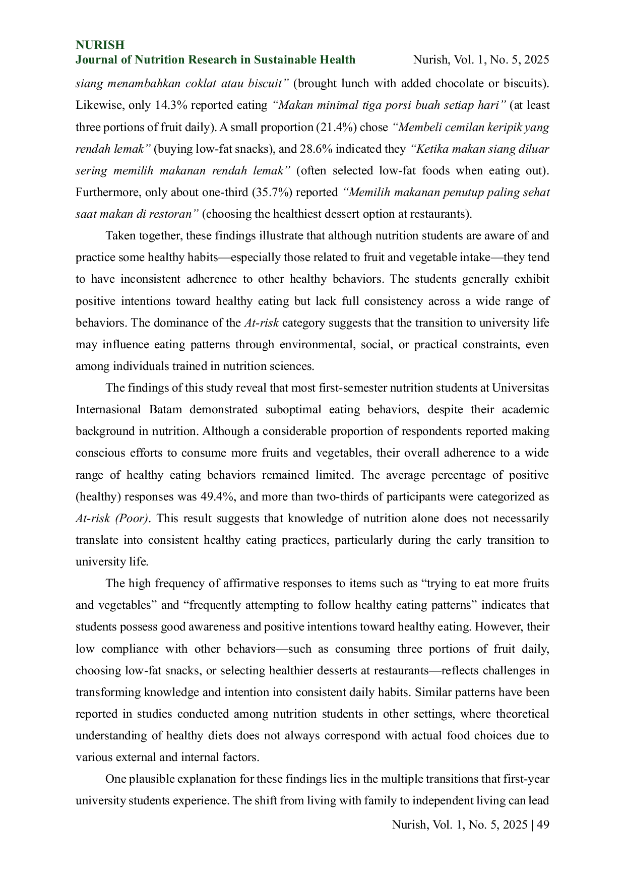 JURIS Overview of Eating Behavior among First Semester Nutrition Students at Universitas Internasional Batam