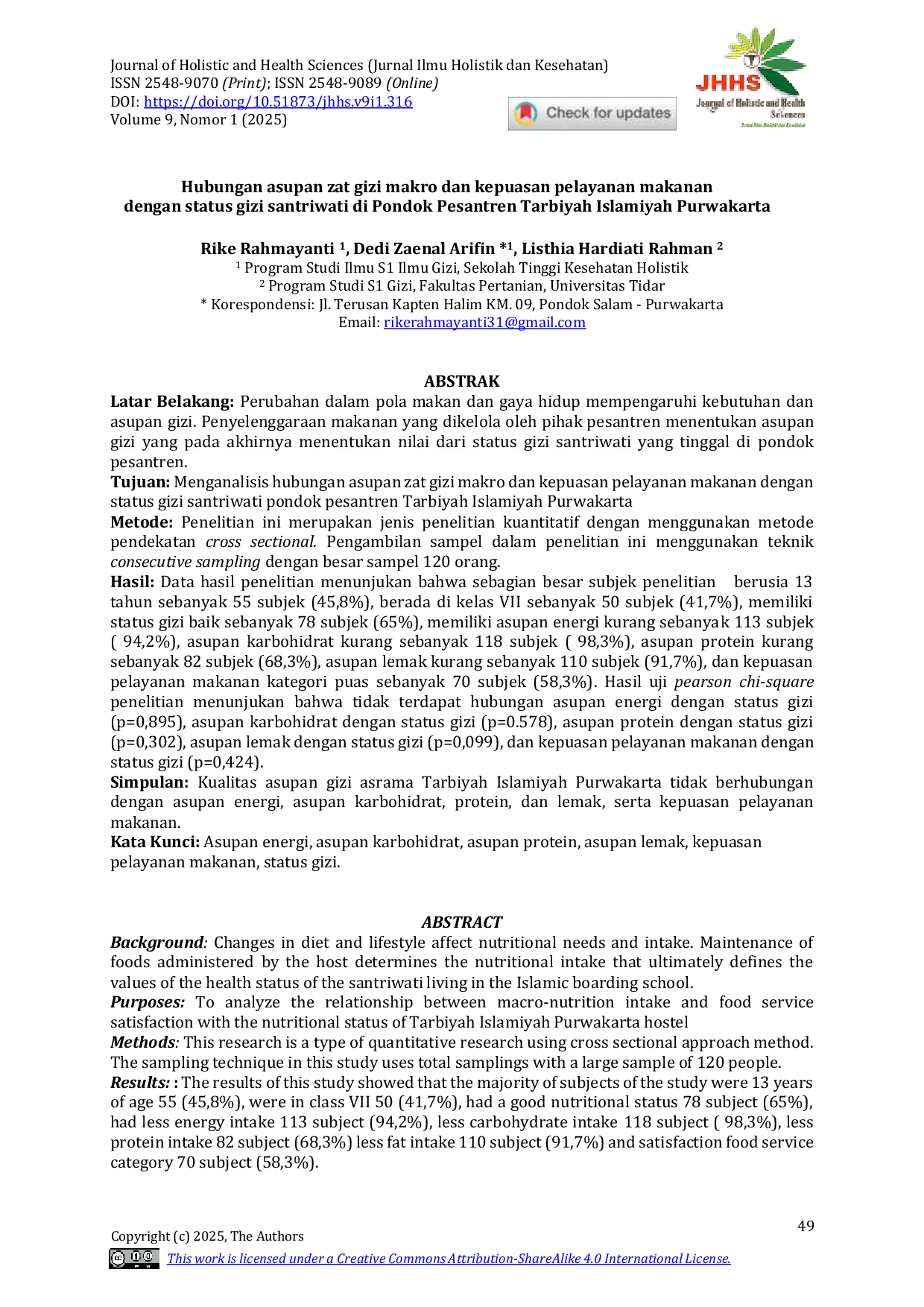 JURIS Hubungan Asupan Zat Gizi Makro dan Kepuasan Pelayanan Makanan dengan Status Gizi Santriwati di Pondok Pesantren Tarbiyah Islamiyah Purwakarta