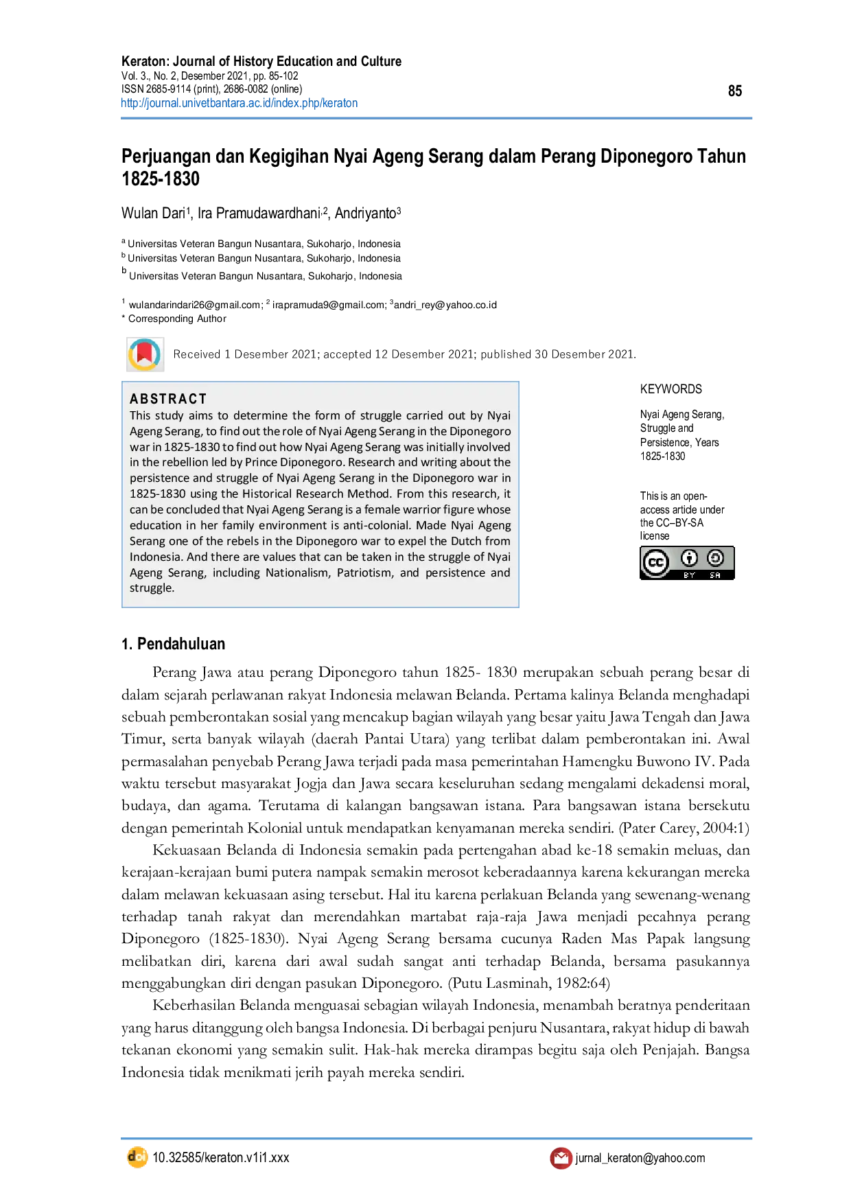 JURIS Perjuangan dan Kegigihan Nyai Ageng Serang dalam Perang Diponegoro Tahun 1825 1830