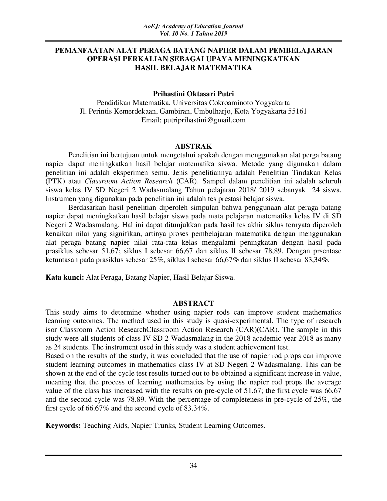 JURIS Pemanfaatan Alat Peraga Batang Napier Dalam Pembelajaran Operasi Perkalian Sebagai Upaya Meningkatkan Hasil Belajar Matematika