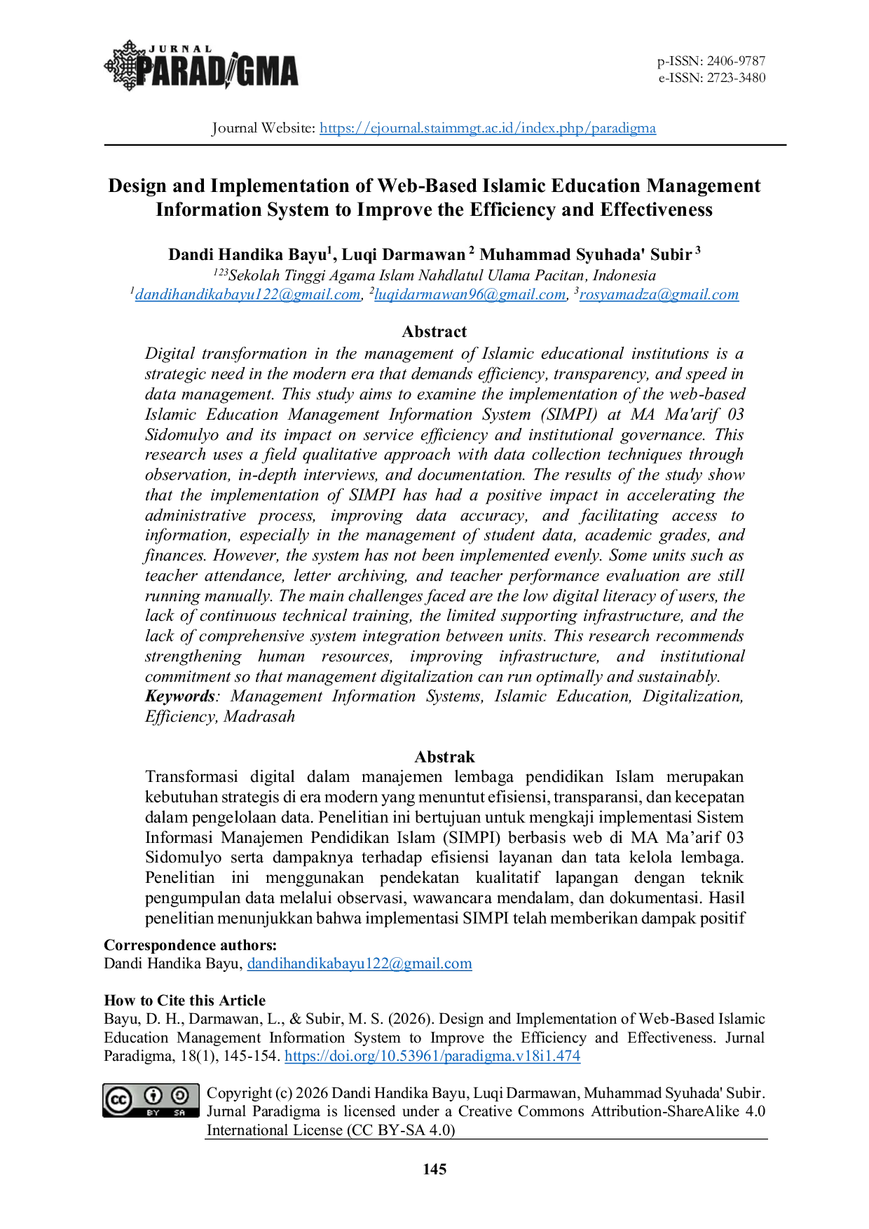 JURIS Design and Implementation of Web Based Islamic Education Management Information System to Improve the Efficiency and Effectiveness