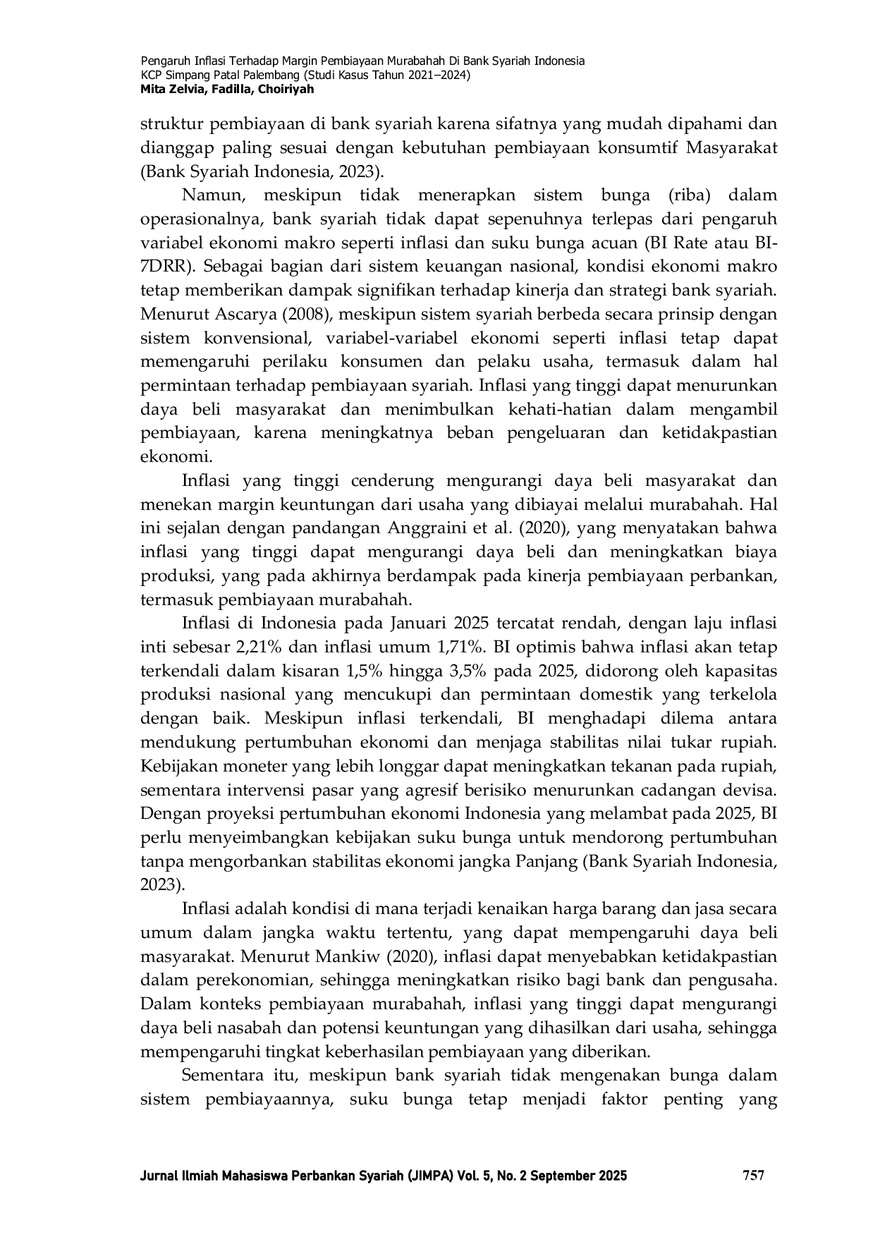 JURIS Pengaruh Inflasi Terhadap Margin Pembiayaan Murabahah Di Bank Syariah Indonesia KCP Simpang Patal Palembang Studi Kasus Tahun 2021 2024