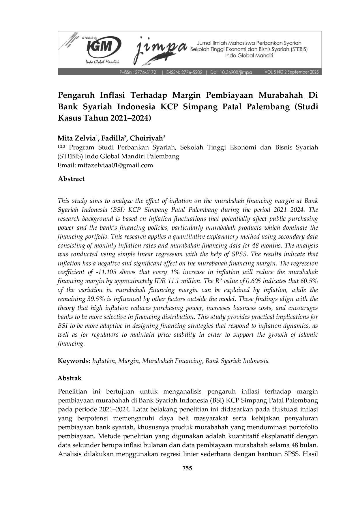 JURIS Pengaruh Inflasi Terhadap Margin Pembiayaan Murabahah Di Bank Syariah Indonesia KCP Simpang Patal Palembang Studi Kasus Tahun 2021 2024