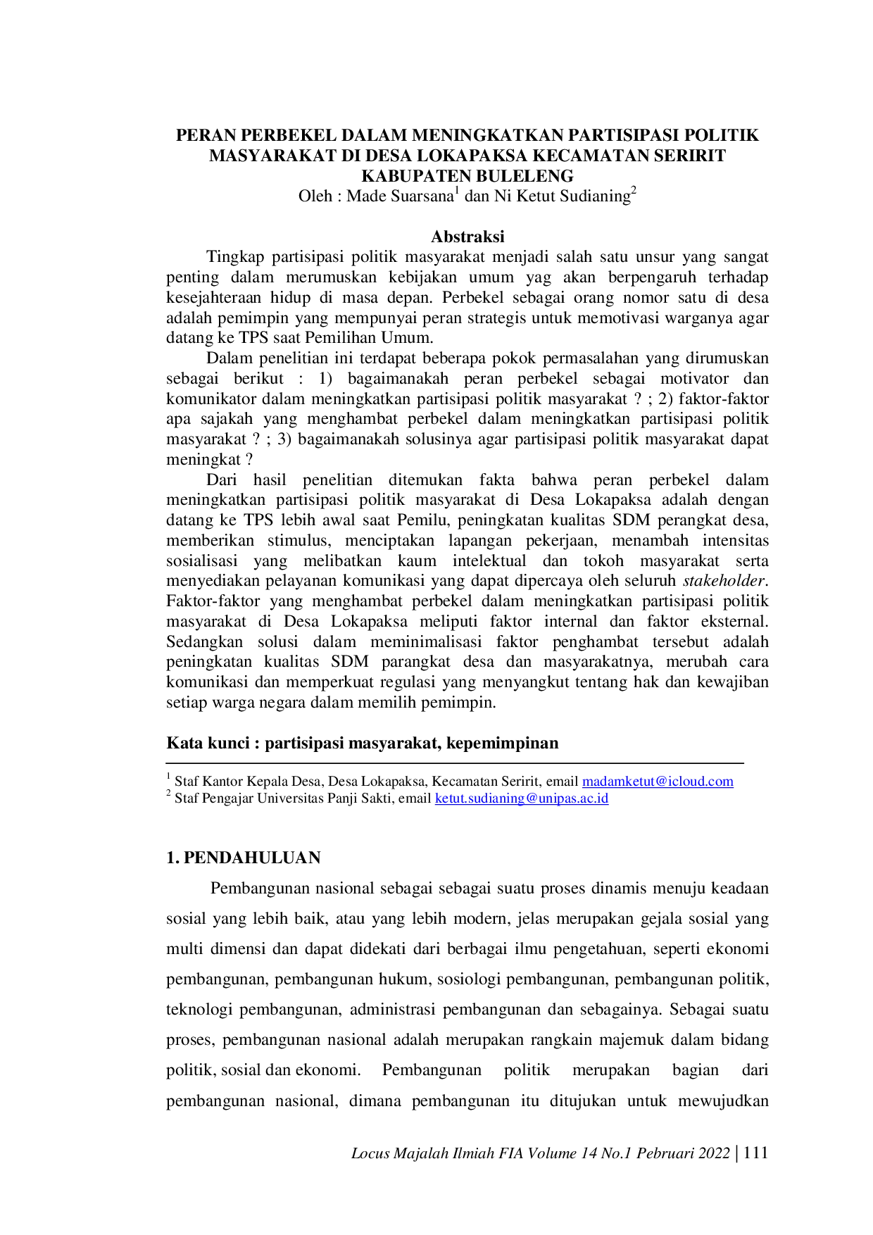 JURIS Peran Perbekel Dalam Meningkatkan Partisipasi Politik Masyarakat di Desa Lokapaksa Kecamatan Seririt Kabupaten Buleleng