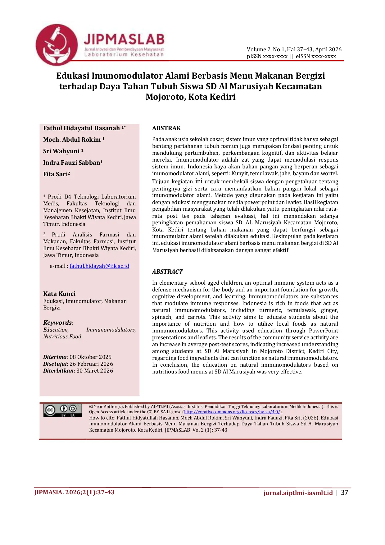 JURIS Edukasi Imunomodulator Alami Berbasis Menu Makanan Bergizi terhadap Daya Tahan Tubuh Siswa SD Al Marusiyah Kecamatan Mojoroto Kota Kediri