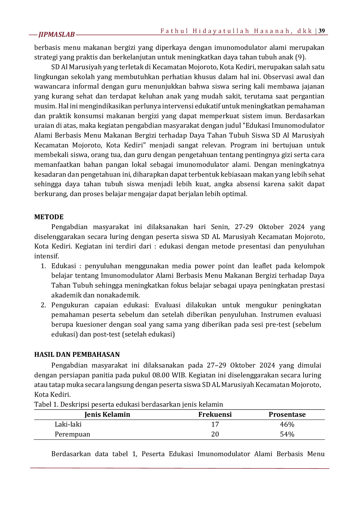 JURIS Edukasi Imunomodulator Alami Berbasis Menu Makanan Bergizi terhadap Daya Tahan Tubuh Siswa SD Al Marusiyah Kecamatan Mojoroto Kota Kediri
