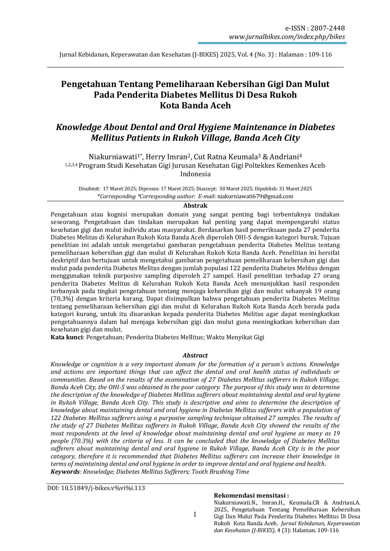 JURIS Pengetahuan Tentang Pemeliharaan Kebersihan Gigi Dan Mulut Pada Penderita Diabetes Mellitus Di Desa Rukoh Kota Banda Aceh