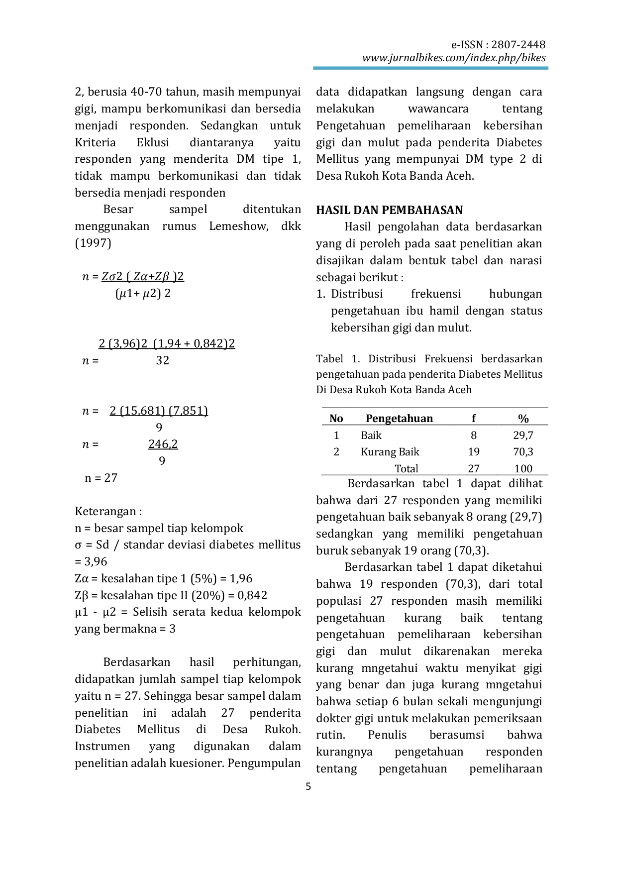 JURIS Pengetahuan Tentang Pemeliharaan Kebersihan Gigi Dan Mulut Pada Penderita Diabetes Mellitus Di Desa Rukoh Kota Banda Aceh