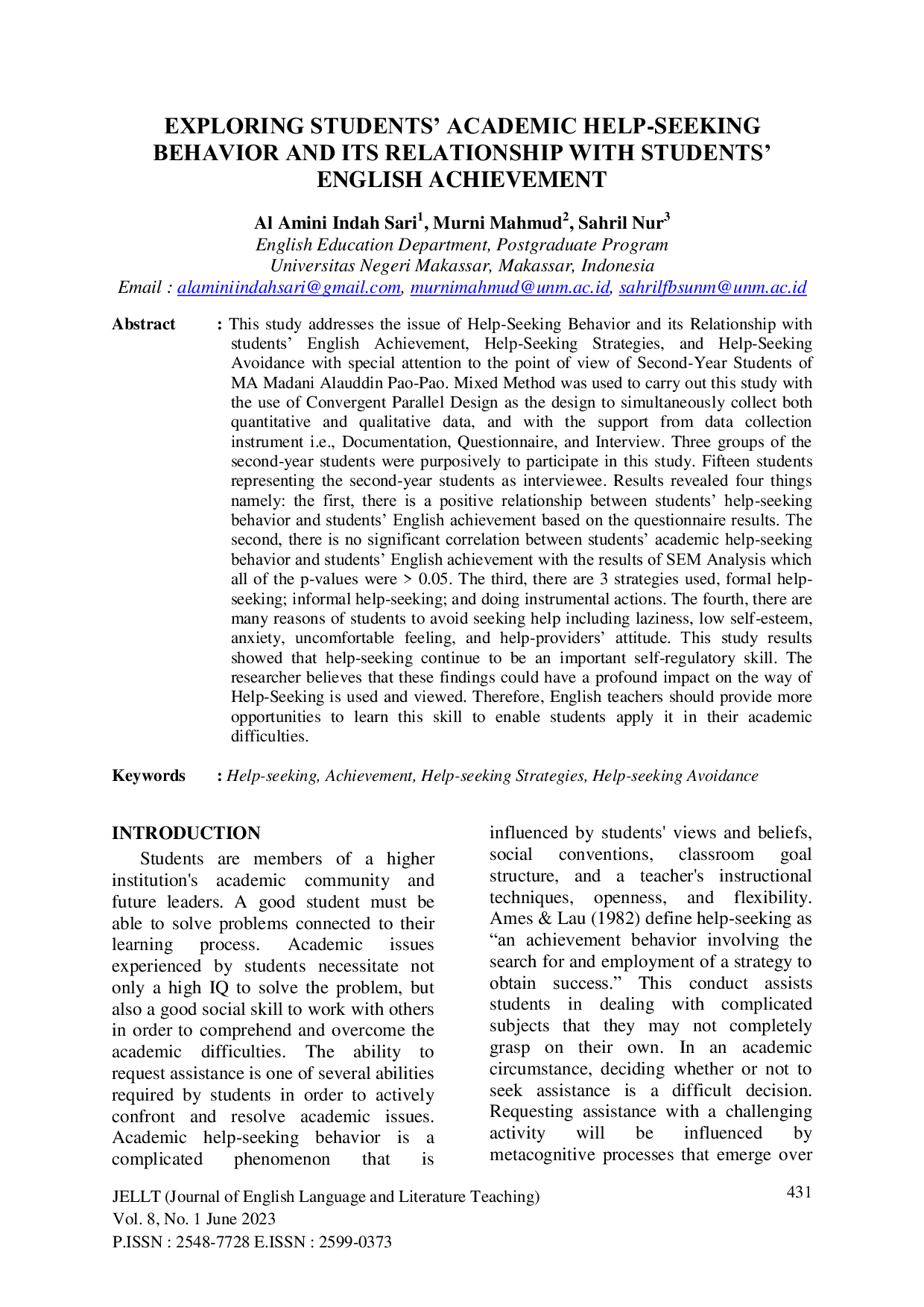 JURIS MENJELAJAHI PERILAKU PENCARIAN BANTUAN AKADEMIK SISWA DAN HUBUNGANNYA DENGAN PRESTASI BAHASA INGGRIS SISWA