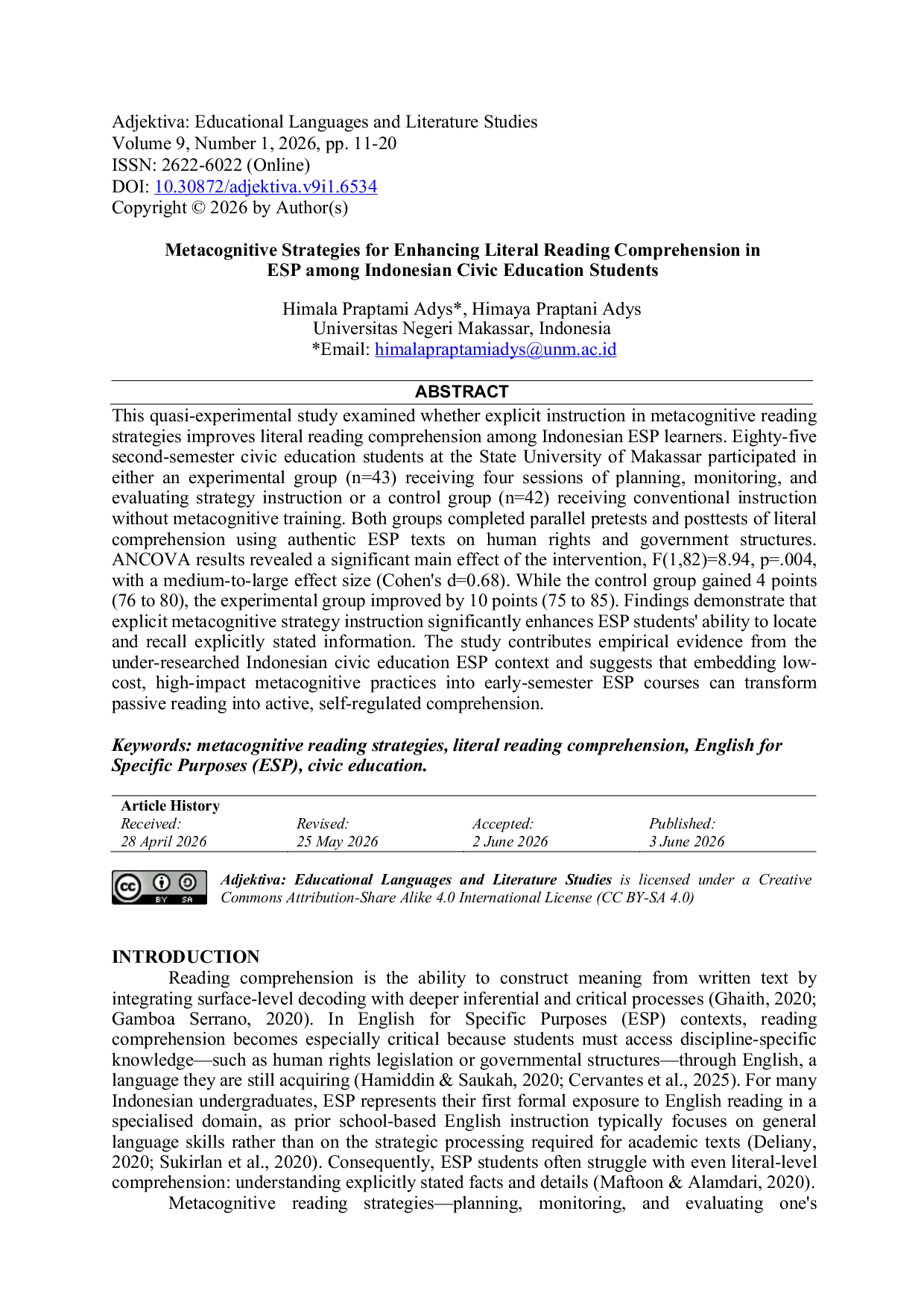 JURIS Metacognitive Strategies for Enhancing Literal Reading Comprehension in ESP among Indonesian Civic Education Students