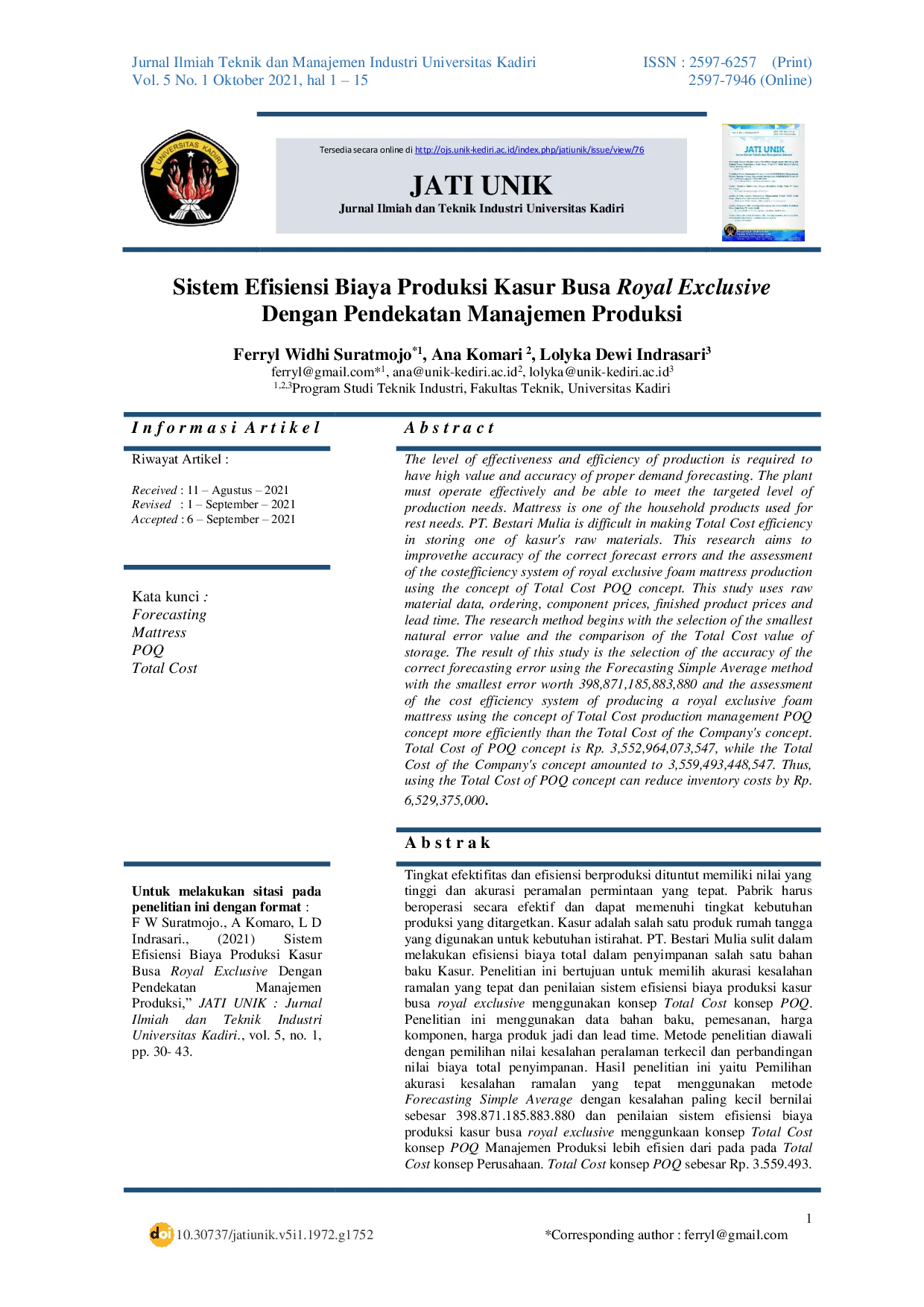 JURIS Sistem Efisiensi Biaya Produksi Kasur Busa Royal Exclusive Dengan Pendekatan Manajemen Produksi