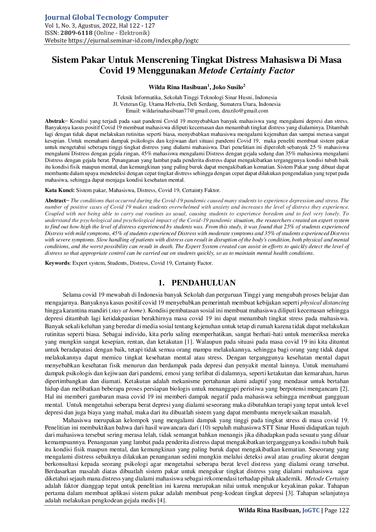 JURIS Sistem Pakar Untuk Menscrening Tingkat Distress Mahasiswa Di Masa Covid 19 Menggunakan Metode Certainty Factor