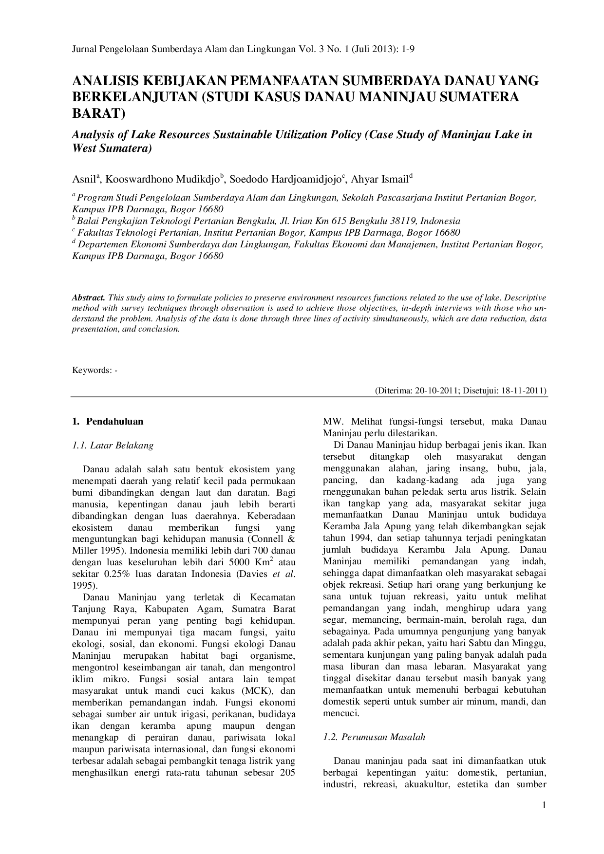 juris Analisis Kebijakan Pemanfaatan Sumberdaya Danau yang Berkelanjutan Studi Kasus Danau Maninjau Sumatera Barat
