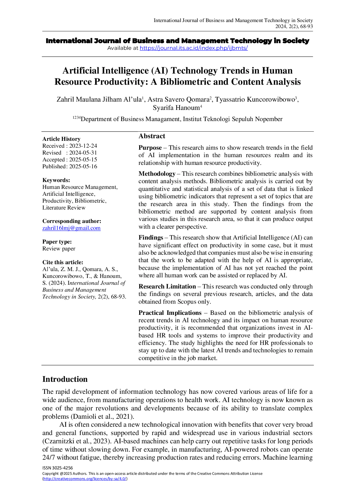 JURIS Artificial Intelligence AI Technology Trends in Human Resource Productivity A Bibliometric and Content Analysis